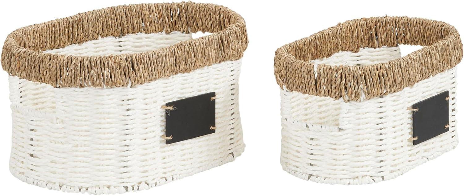 White Oval Seagrass and Paper Rope Storage Baskets, Set of 2