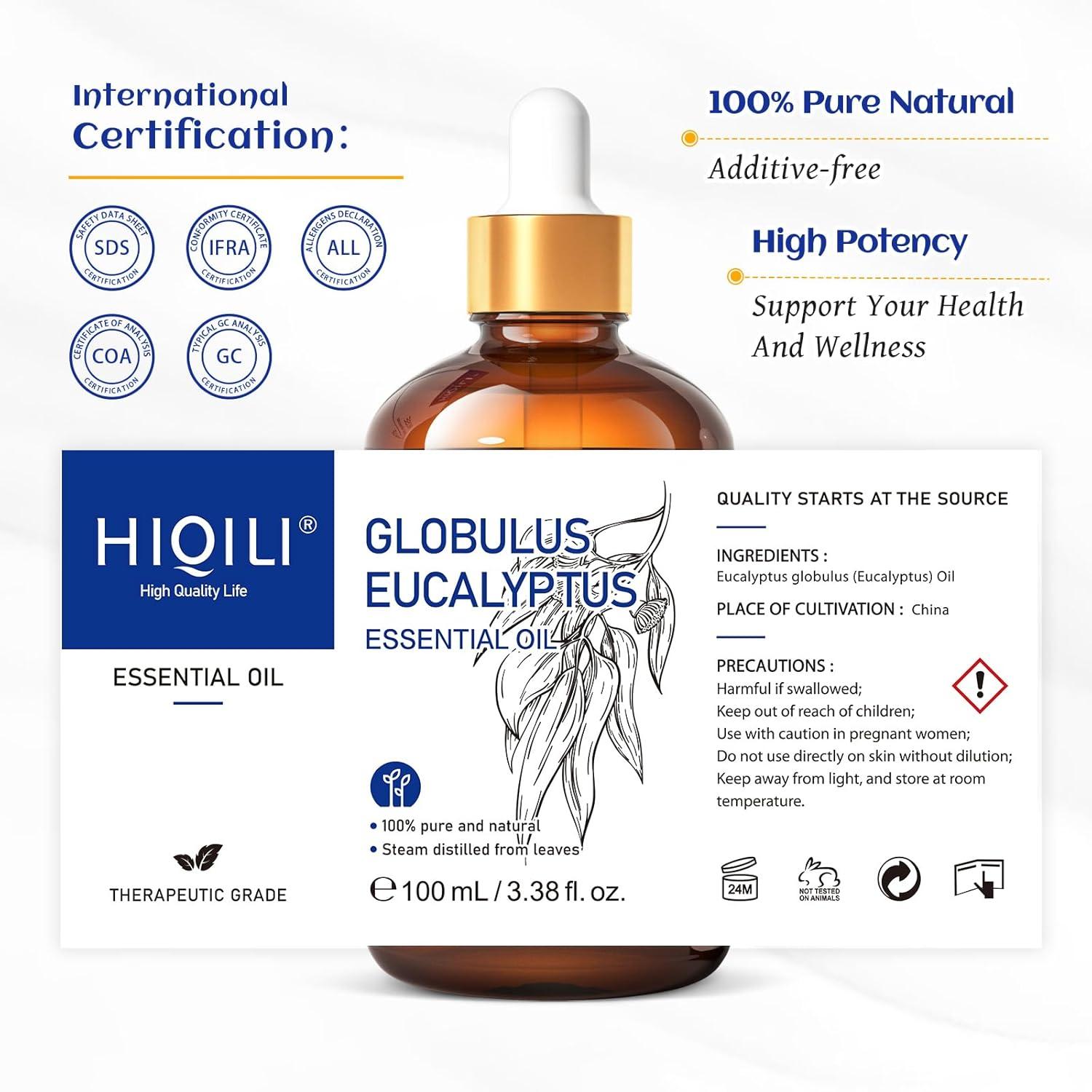 HIQILI Eucalyptus Essential Oil, Pure Undiluted Oil for Diffuser, Skin, Candles Soap Making-100mL