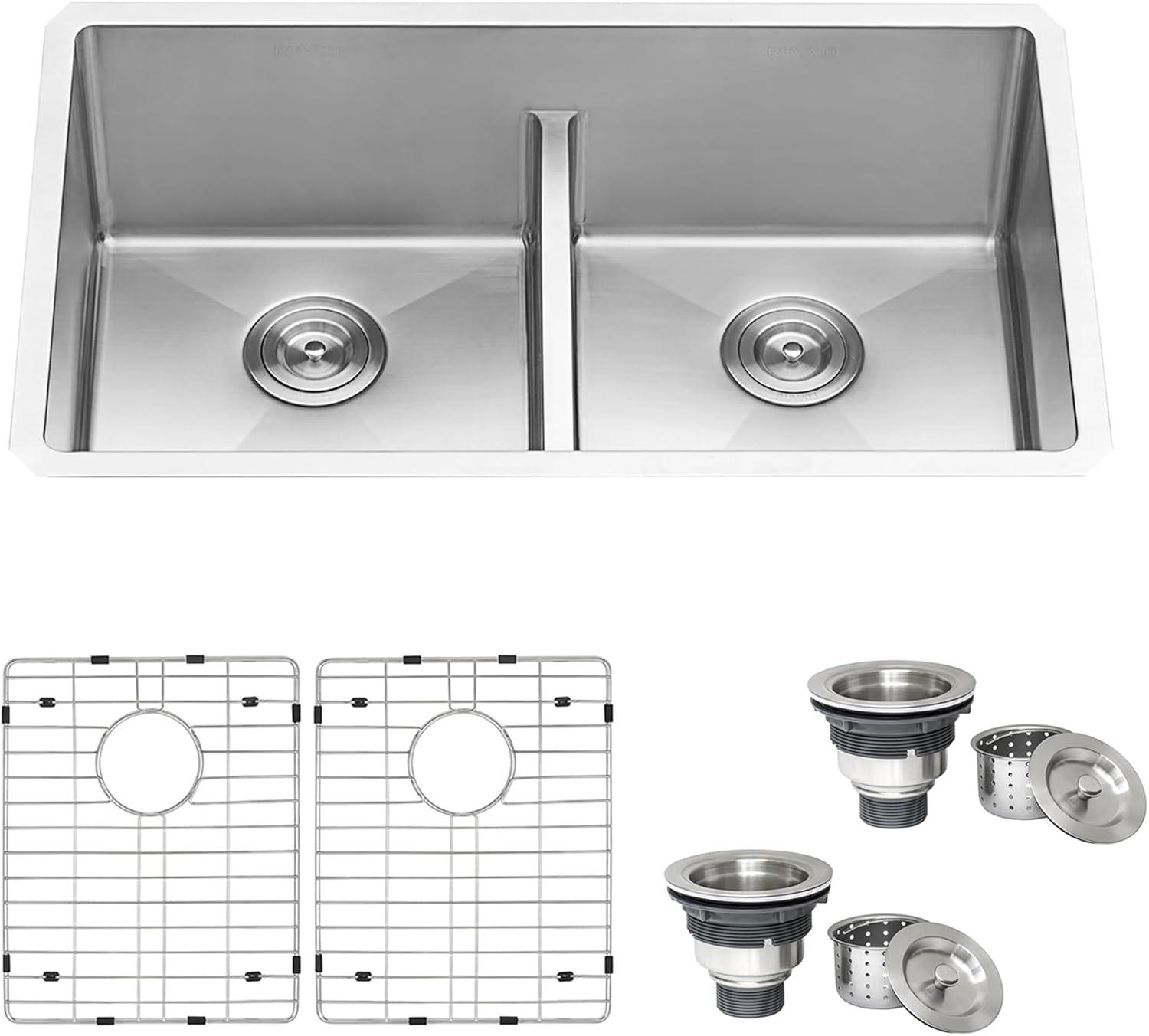 Ruvati 32-inch Low-Divide Undermount 50/50 Double Bowl Rounded Corners Stainless Steel Kitchen Sink