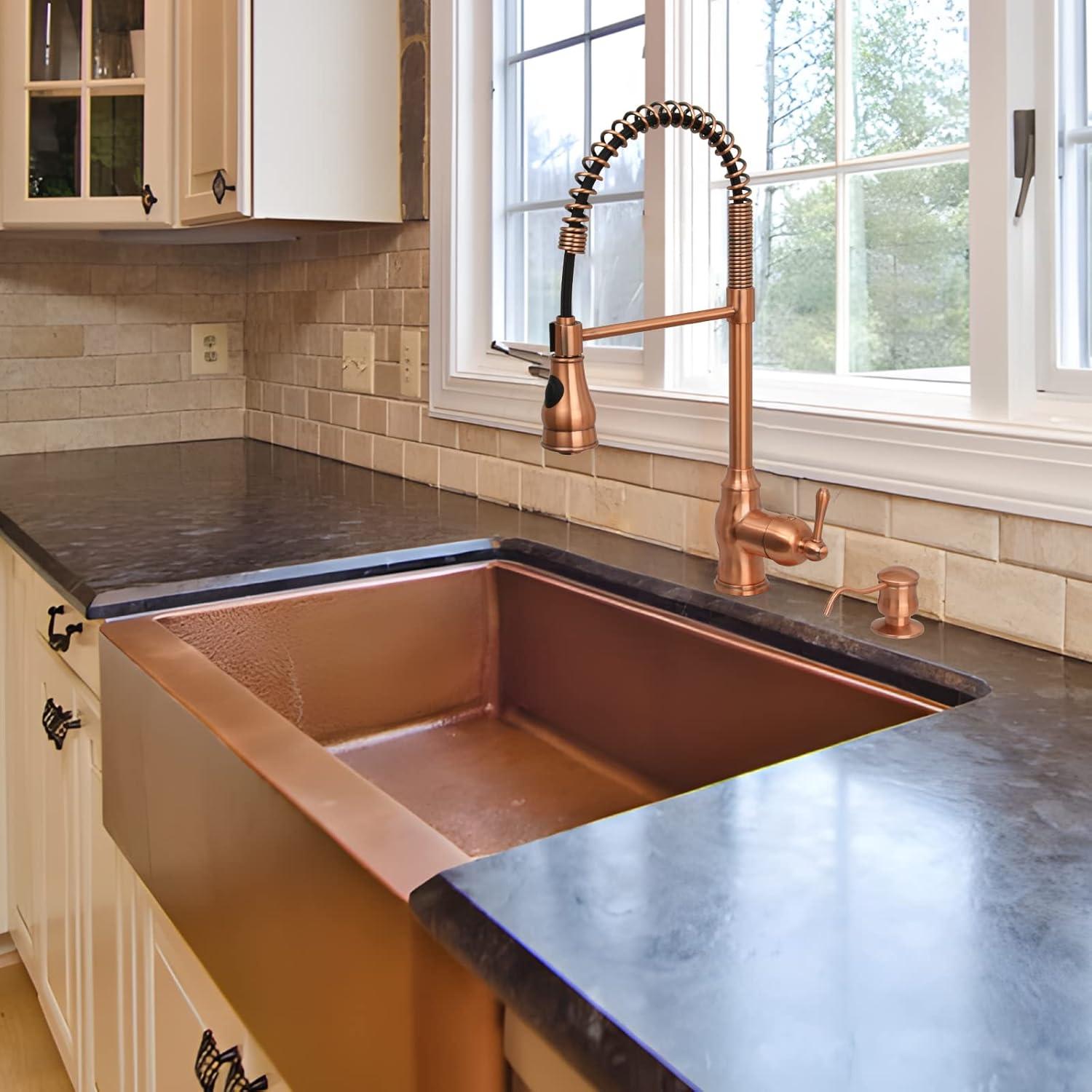 Akicon Pre-Rinse Spring Kitchen Faucet, Single Level with Pull Down Sprayer Copper Copper Finish