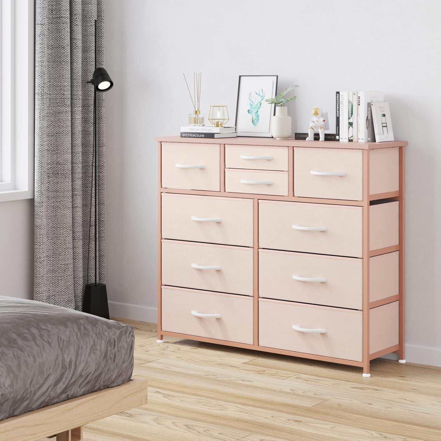 Pink 10-Drawer Fabric Storage Dresser with Wood Top