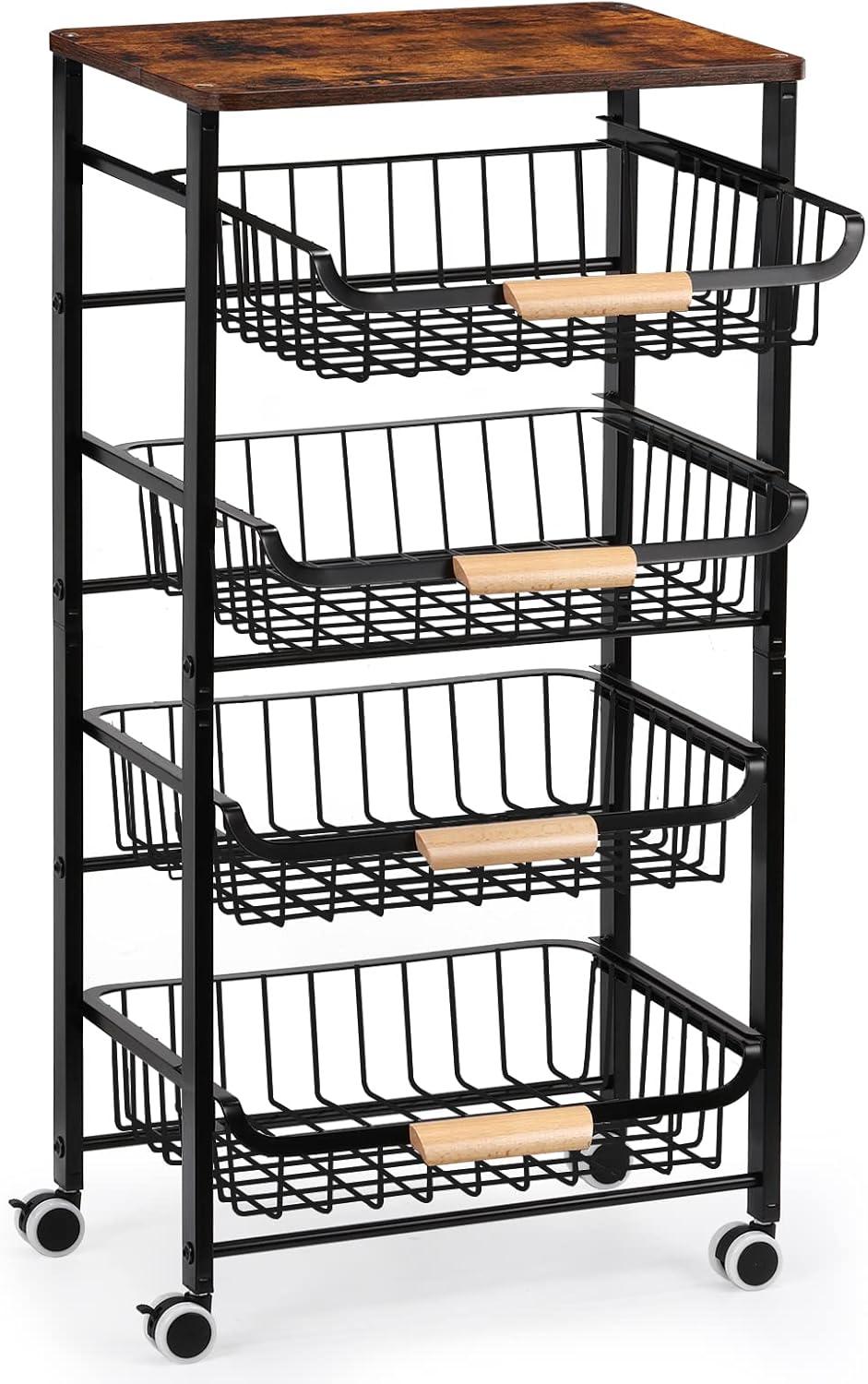 Fruit Basket, 5-Tier Utility Kitchen Organizer and Storage Cart with Pull-Out Baskets and Wood Top, Rolling Pantry Kitchen Cart on Wheels for Fruit Potato Onion Vegetable Snack Produce