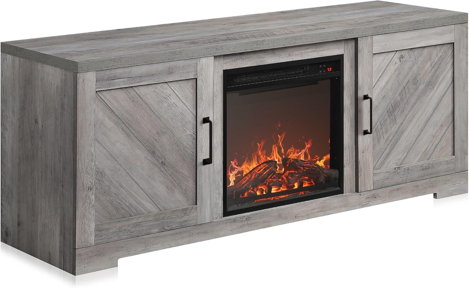 BELLEZE 58" Farmhouse TV Stand Media Entertainment Center For TVs up to 65" with 18" Fireplace - Hilo (Gray Wash)