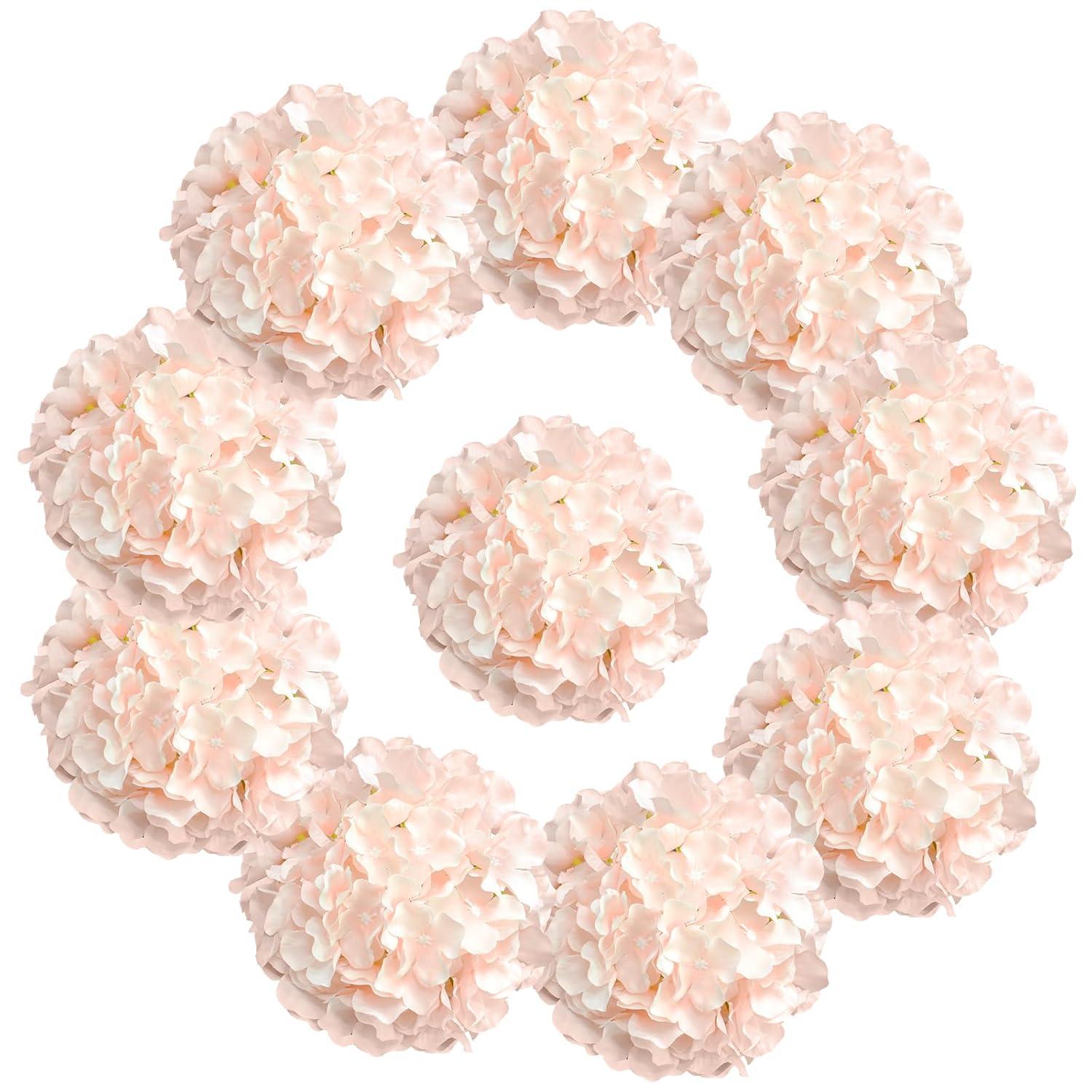 TITOUMI Hydrangea Silk Flowers Heads Blush Pack of 10 Full Hydrangea Flowers Artificial with Stems for Wedding Home Party Shop Baby Shower Décor