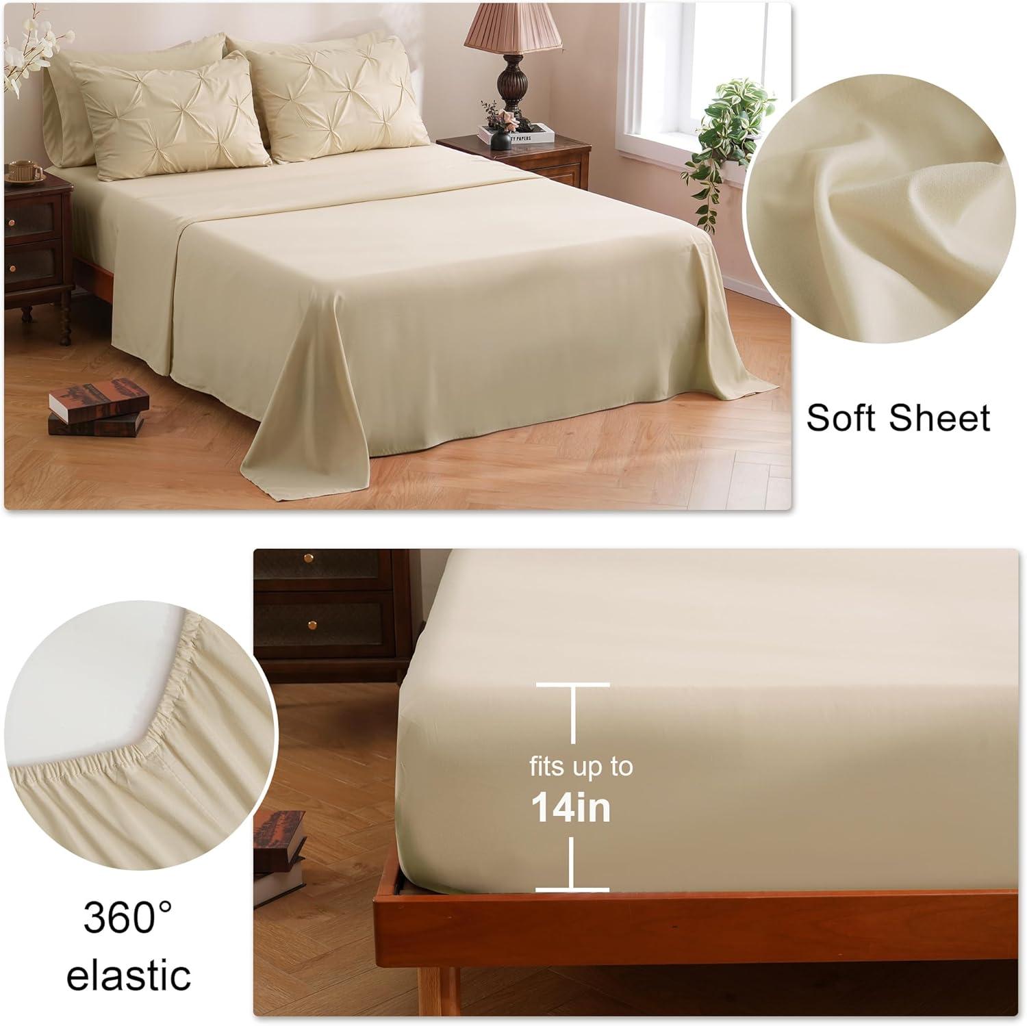 CozyLux Beige Comforter Set Queen 7 Pieces Bed in A Bag Cream Off White Pintuck Comforters Queen Size Pinch Pleat Bedding Sets with All Season Comforter, Flat Sheet, Fitted Sheet and Pillowcases&Shams
