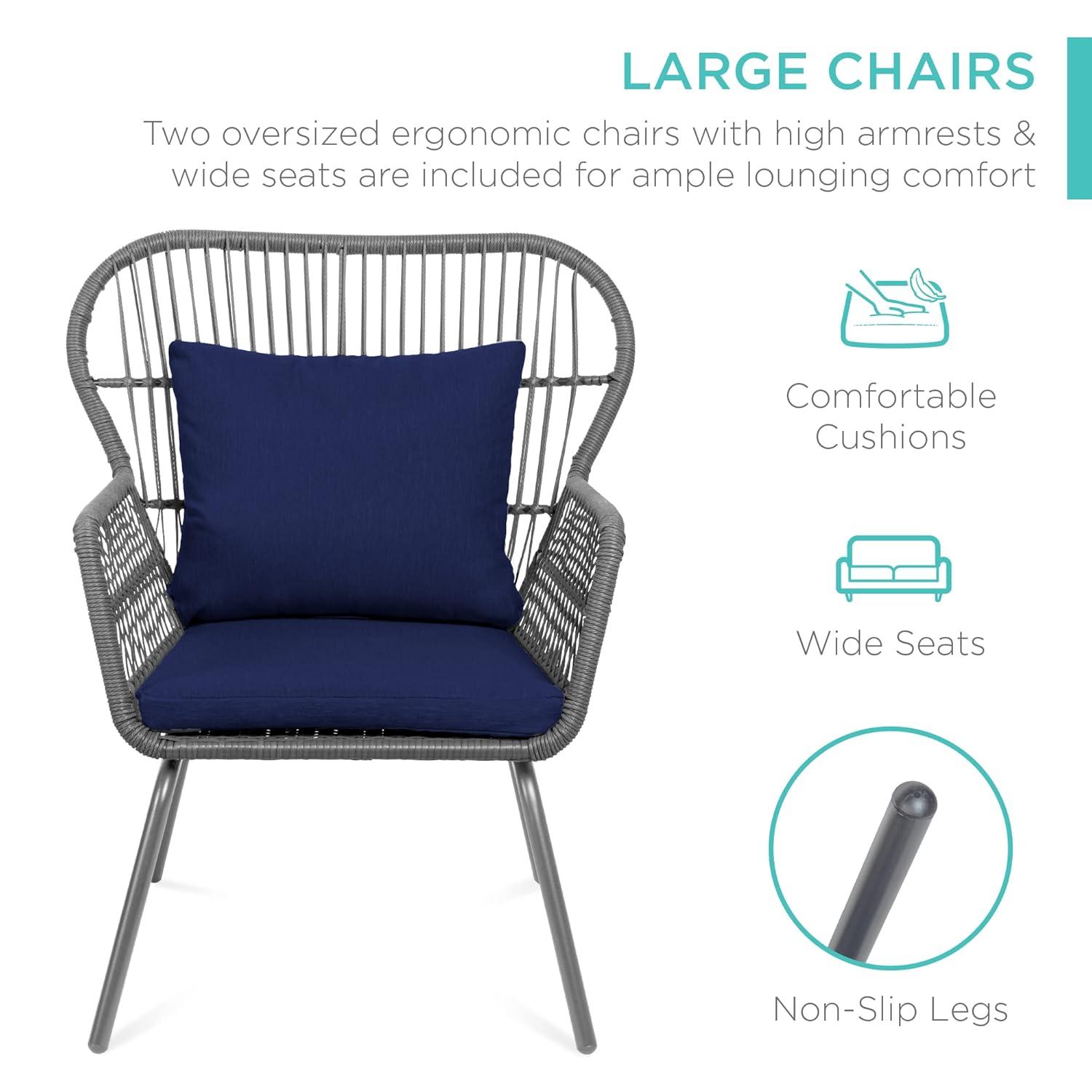 Best Choice Products 3-Piece Patio Conversation Bistro Set, Outdoor Wicker w/ 2 Chairs, Cushions, Side Table - Gray/Navy