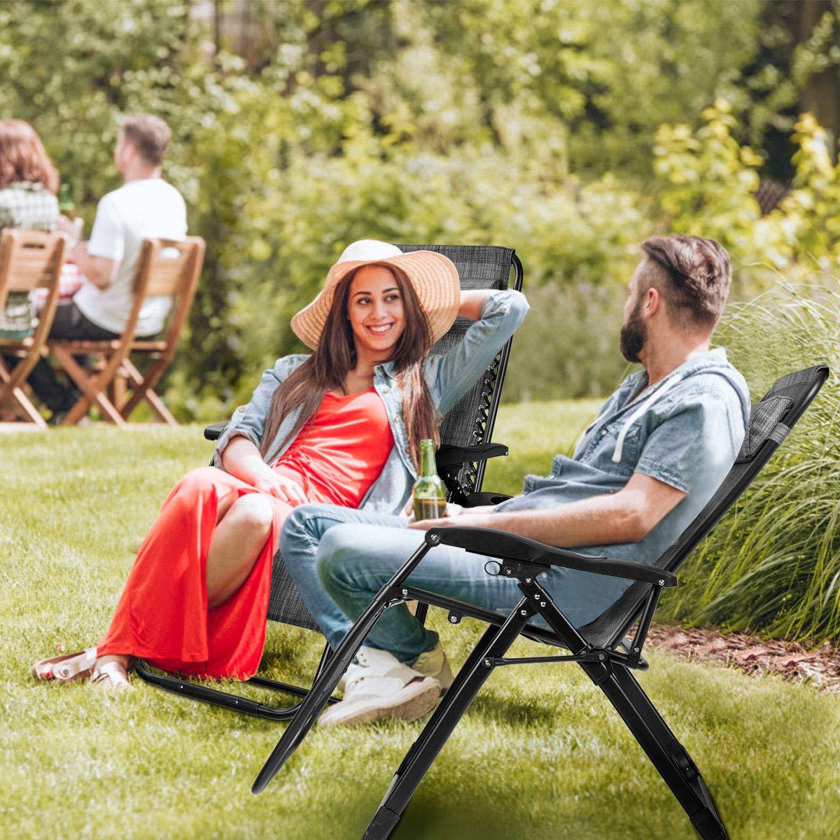 Arlmont & Co. Zero Gravity Chair Set of 2, Outdoor Folding Lounge W/Detachable Headrest & Holder Tray, Adjustable Textilene Lawn Reclining, No Assembly Required, for Patio, Backyard, Garden, Poolside,