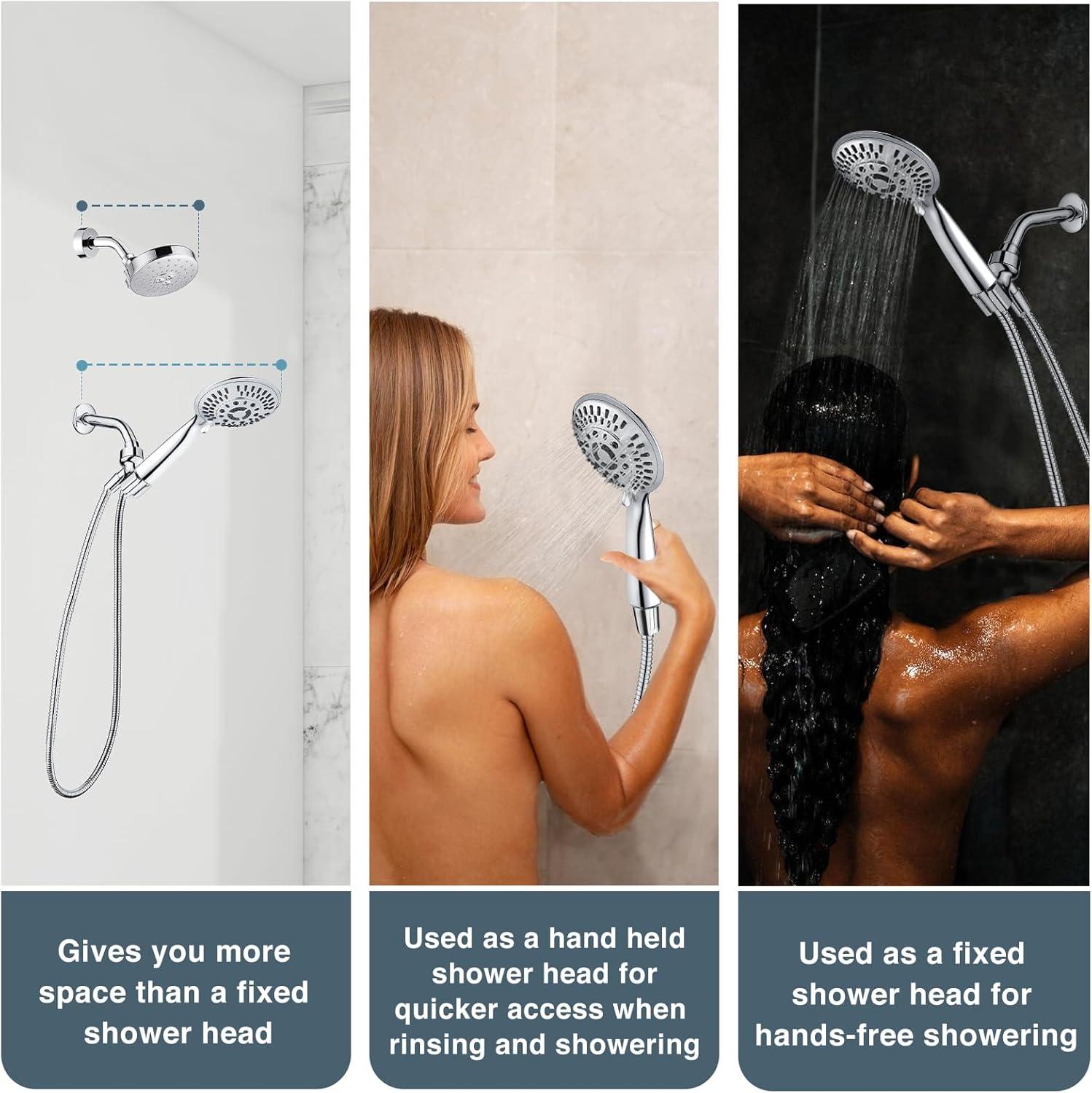 BRIGHT SHOWERS 9 Spray Settings Handheld Shower Head Set High Pressure Chrome Hand Held Showerhead with 60 Inch Flexible Shower Hose and Adjustable Shower Arm Mount Bracket