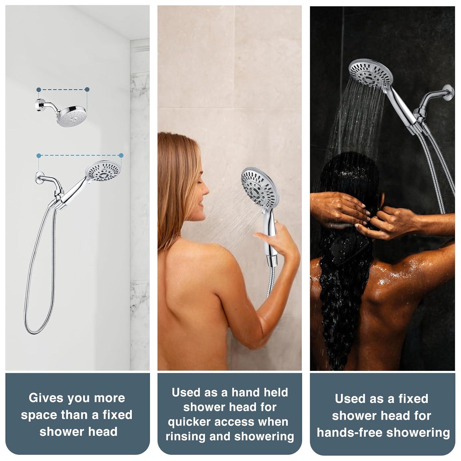 BRIGHT SHOWERS 9 Spray Settings Handheld Shower Head Set High Pressure Chrome Hand Held Showerhead with 60 Inch Flexible Shower Hose and Adjustable Shower Arm Mount Bracket