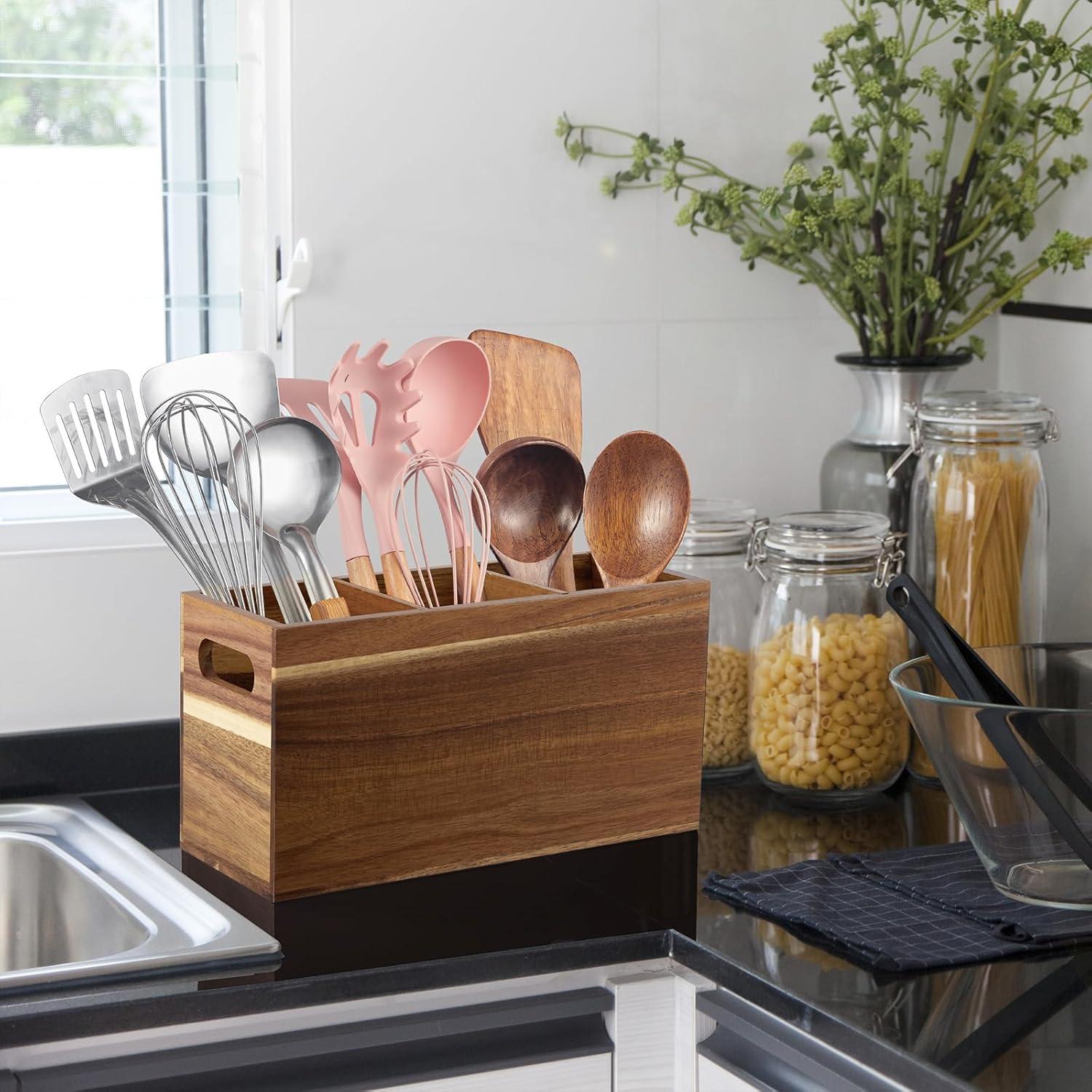 Wooden Utensil Holder for Kitchen Counter, Large Acacia Rustic Utensil Holder for Countertop with 3 Compartments, Wall Mounted Cooking Utensil Holder,