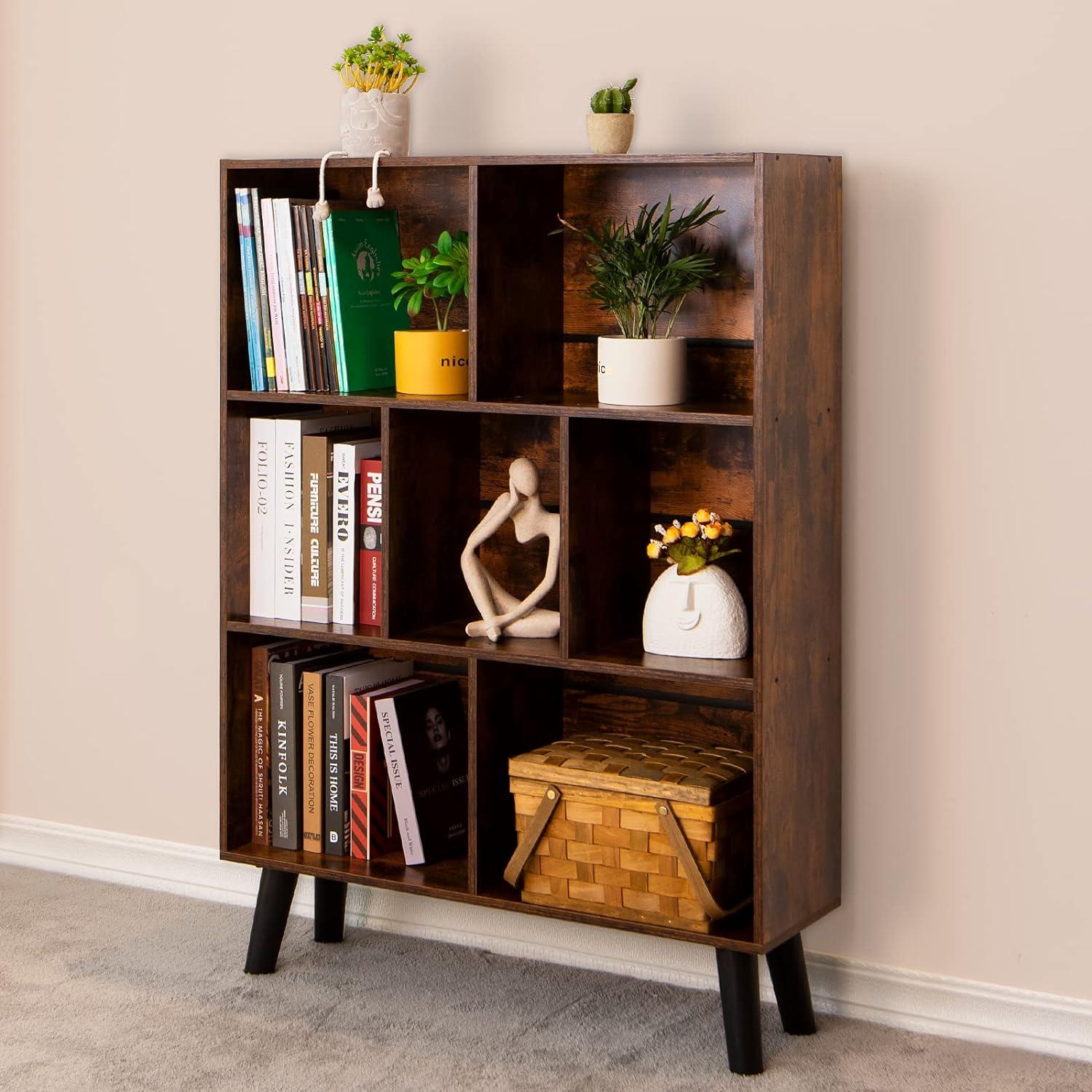 Retro Brown 3-Tier Cube Bookshelf with Glossy Finish