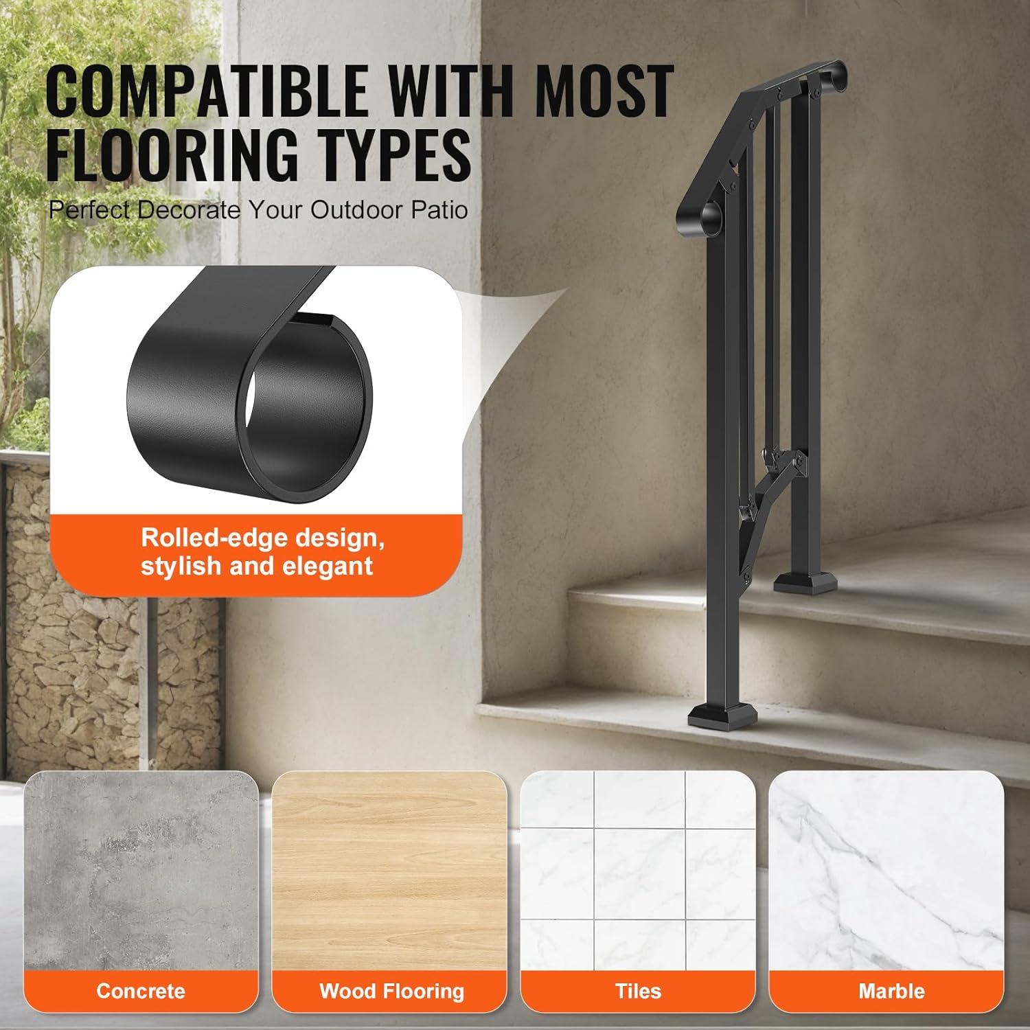 VEVOR Handrails for Outdoor Steps, 2 PCS 2-3 Step Stair Hand Rail Kit, Transitional Carbon Steel Railings with Installation Kit, Stair Rails for Seniors, Concrete & Porch & Deck, Black Square Tube