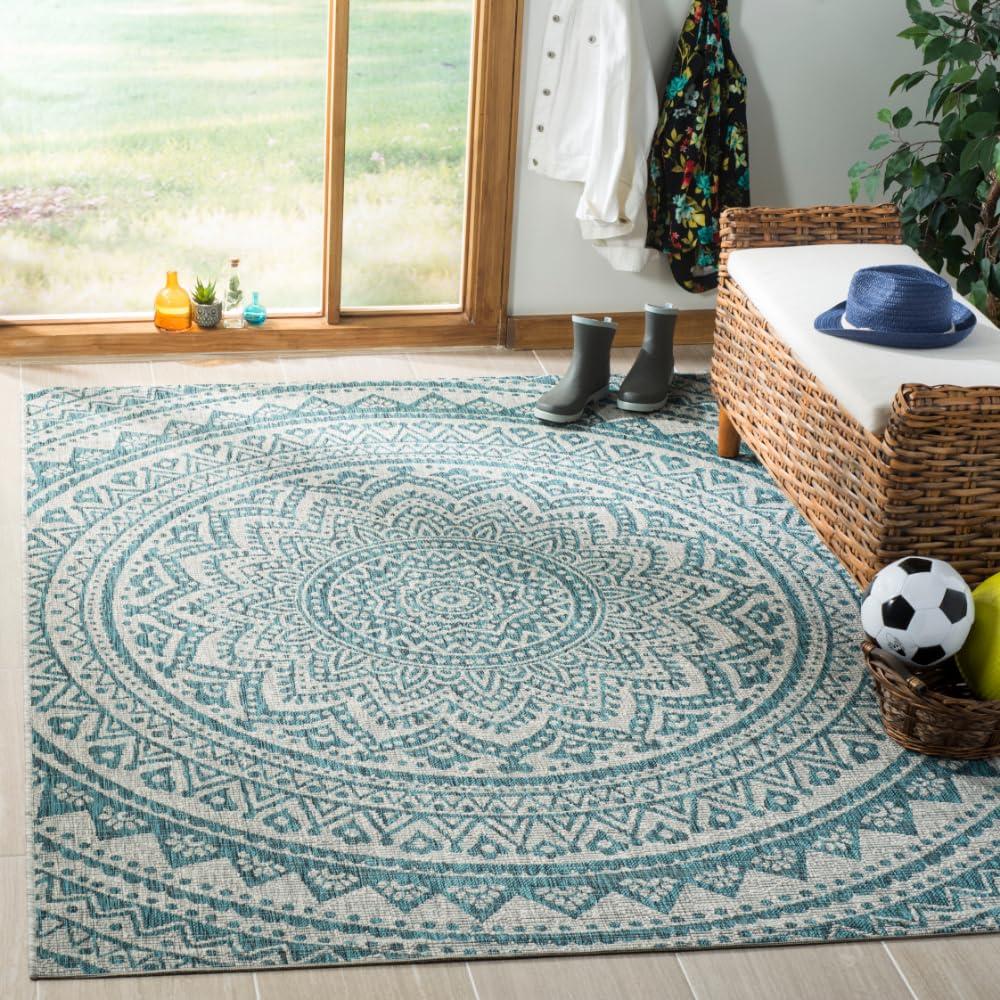 Courtyard CY8734 Power Loomed Indoor and Outdoor Area Rug - Light Grey/Teal - 4'x5'7" - Safavieh