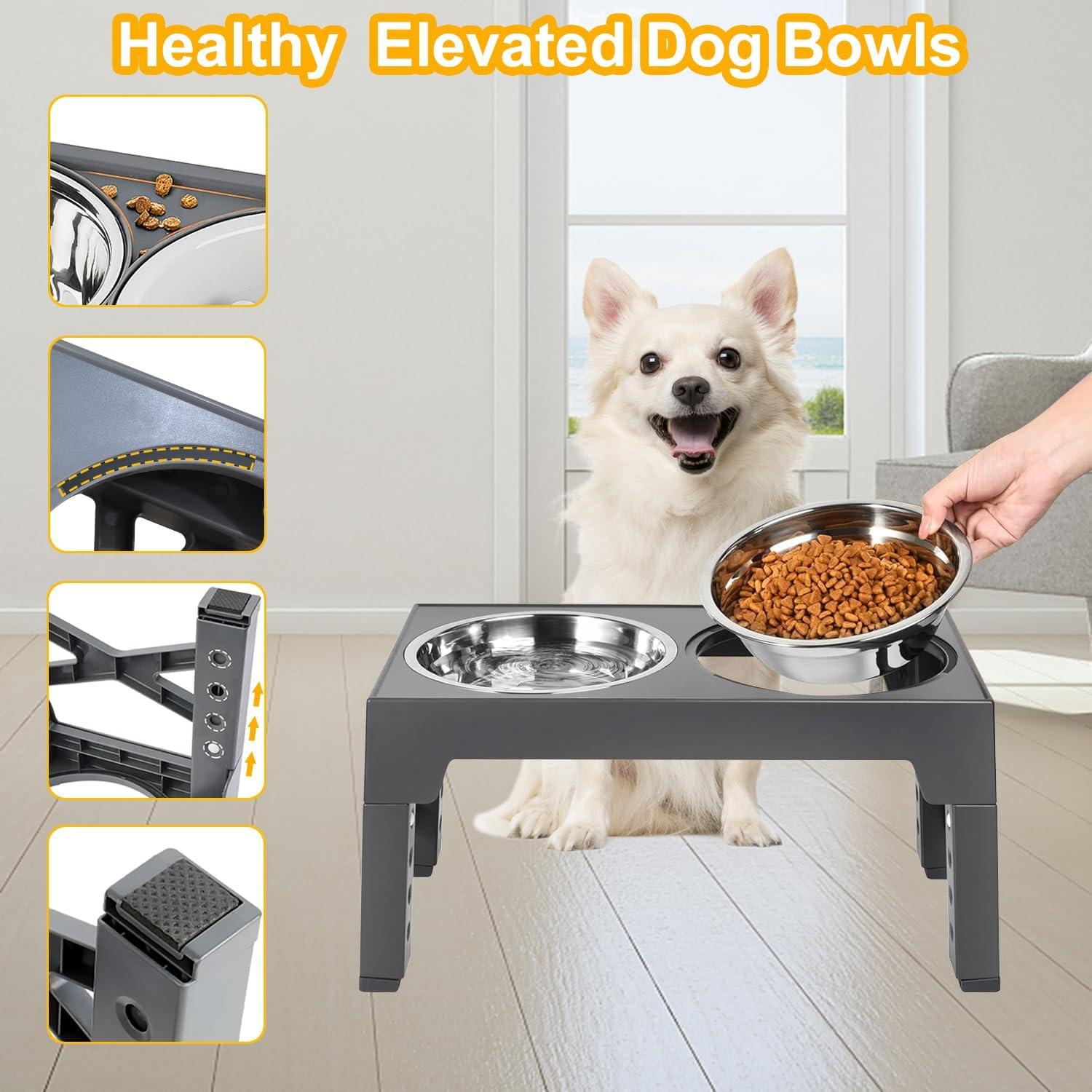 ZALALOVA Elevated Dog Bowls Stand with 2 Stainless Steel Dishes 1 Slow Feeder Dog Bowl, Raised Dog Bowl Adjusts to 5 Heights (3.15",8.9'',10",11.2'',12.4") for Medium and Large Dogs(Gray)