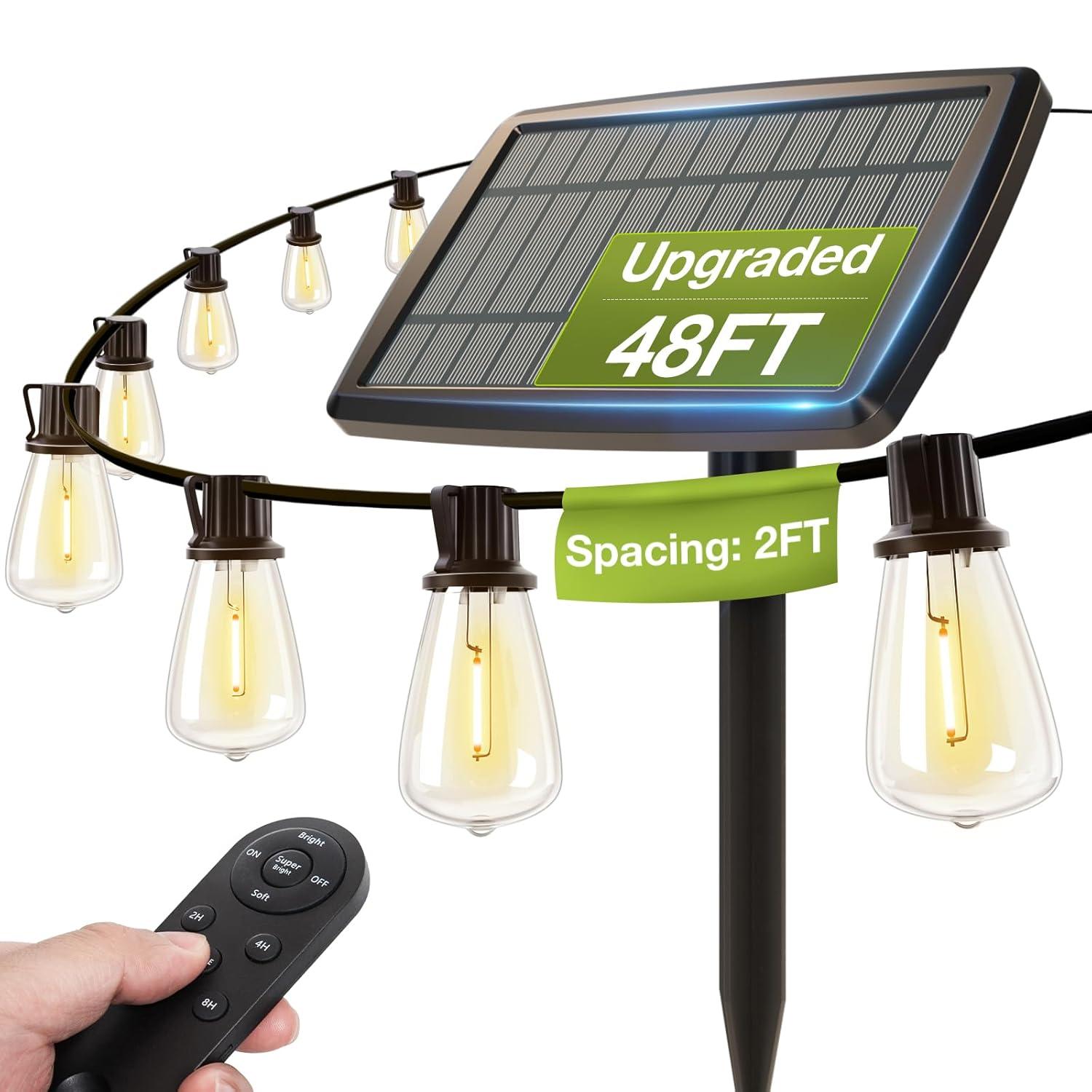 addlon 54(48+6) FT Solar String Lights Waterproof,Patio Lights Solar Powered with Remote& USB Port 24+2 LED Shatterproof Bulbs 3 Lighting Modes Outdoor Lights for Camping Backyard Garden