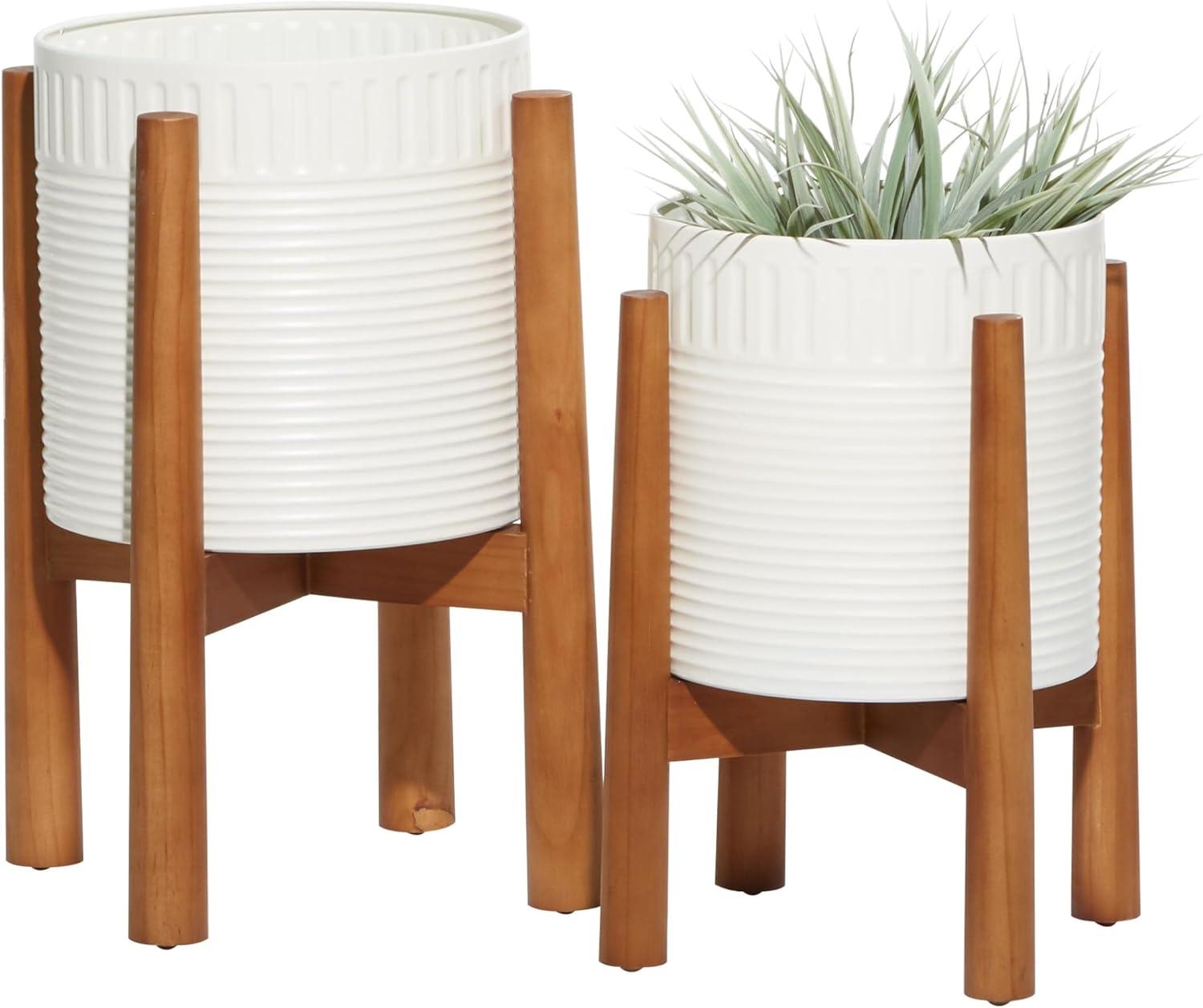 Elegant White Metal & Warm Wood Round Planters, Set of 2