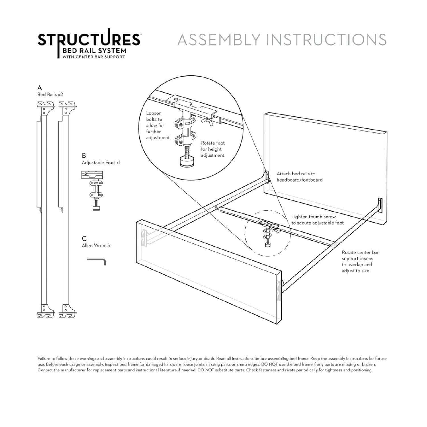 Structures 2 PC Hook-In Bed Rail System with Center Bar Support - Ships in two boxes