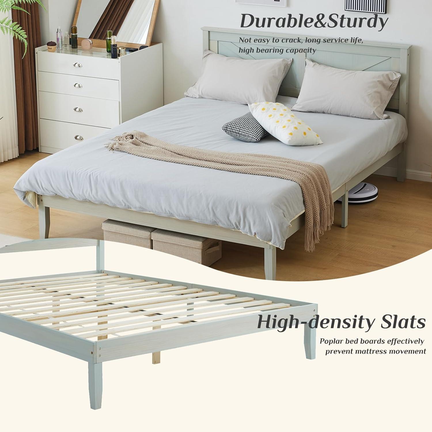 Gray Wood Bed Frame Queen Size Platform Bed with Headboard