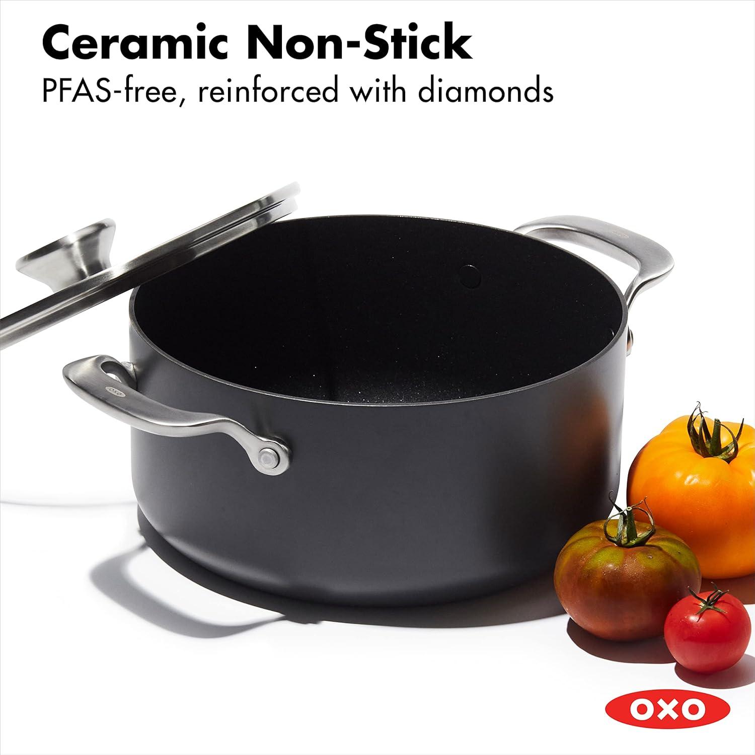 OXO 9.5" Ceramic Pro Non-Stick Casserole with Lid Gray: Dishwasher-Safe, Induction & Gas Compatible, Aluminum Surface