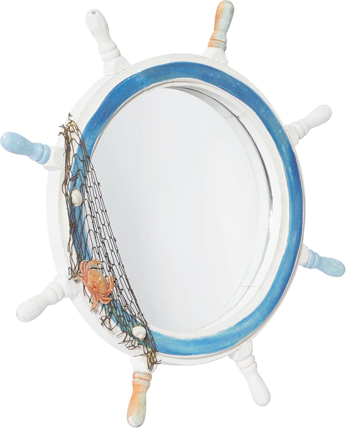 DecMode 25" x 25" White Ship Wheel Sail Boat Wall Mirror with Netting Accent
