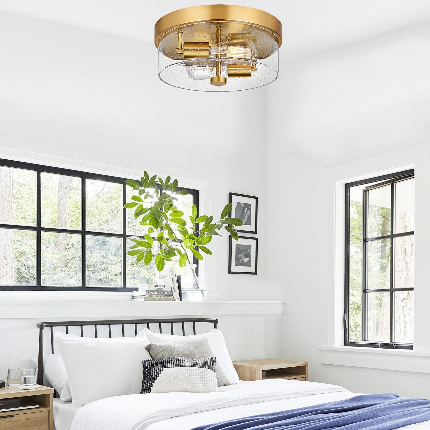 Flush Mount Ceiling Light Fixtures, 2-Light Brass Ceiling Mount for Farmhouse with Seeded Glass Lampshade, Industrial Hall Flush Mount Light Fixture for Hallway, Kitchen, Entryway, Bedroom and Foyer