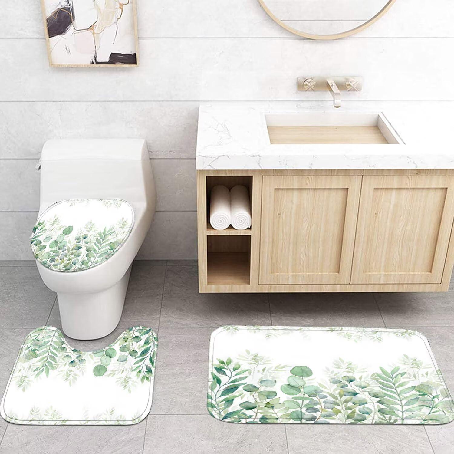 DDQQ Green Leaves Shower Curtain Sets with Non-Slip Rug, Toilet Lid Cover and Bath Mat, Plant Leaves Shower Curtain Sets with 12 Hooks, Shower Curtain for Bathroom Set Decor