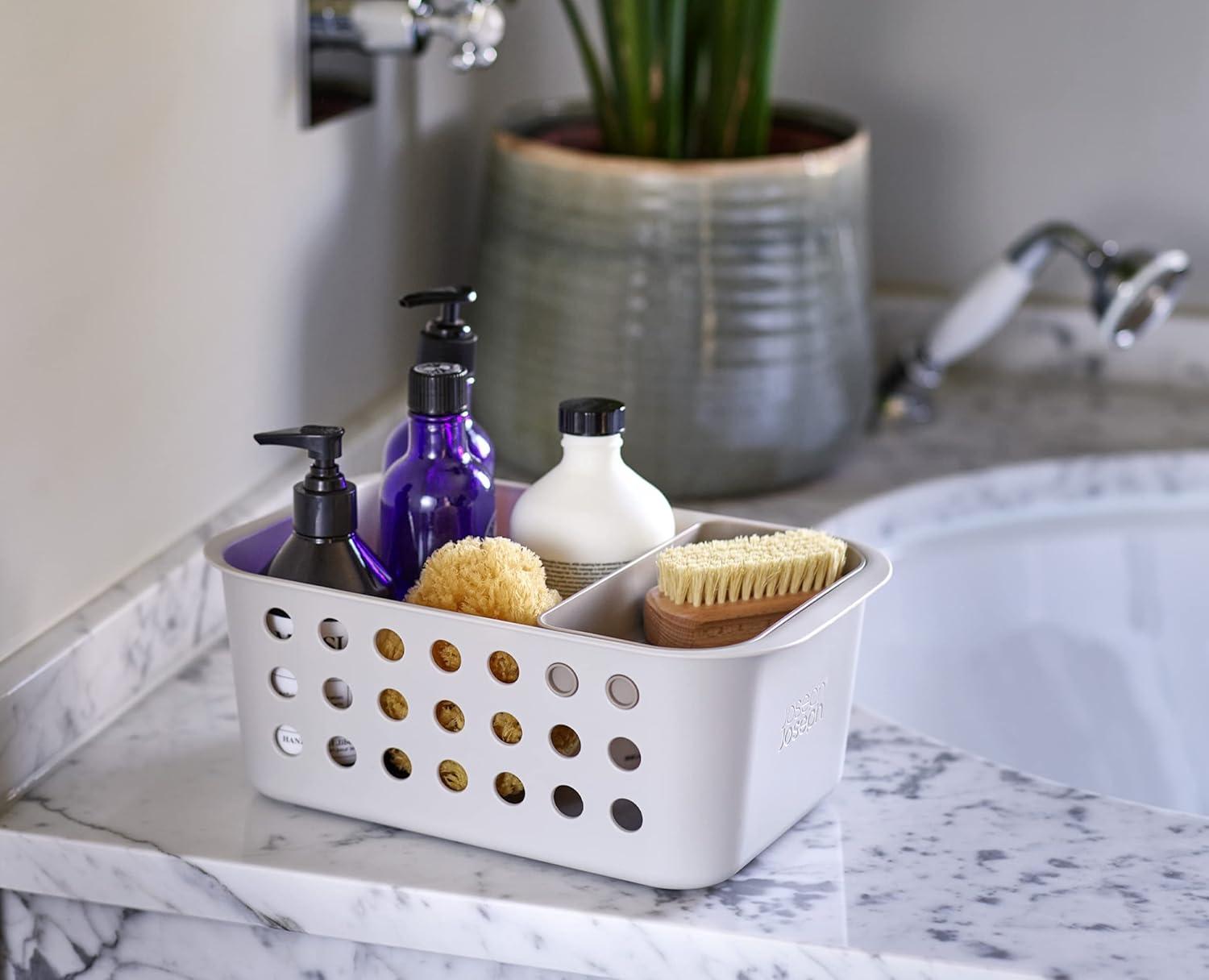 Compact Ecru Plastic Bathroom Storage Basket with Tray