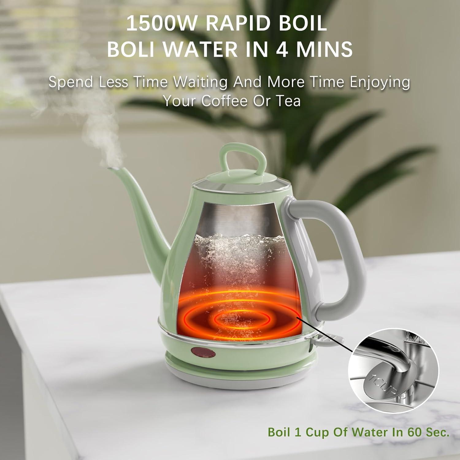 Electric Gooseneck Kettle, 1L 1500WFast Boil, 100% Stainless Steel BPA Free Pour-Over Coffee & Tea Kettle,Water Boiler with Auto Shut & Boil-Dry Protectio,Green