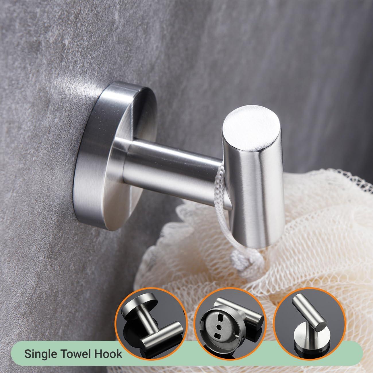 4-Piece Bathroom Accessories Set Brushed Stainless Steel Wall Mount - Includes Double Towel Bar, Hand Towel Rack, Toilet Paper Holder, Robe Hooks, BS100S4-BN