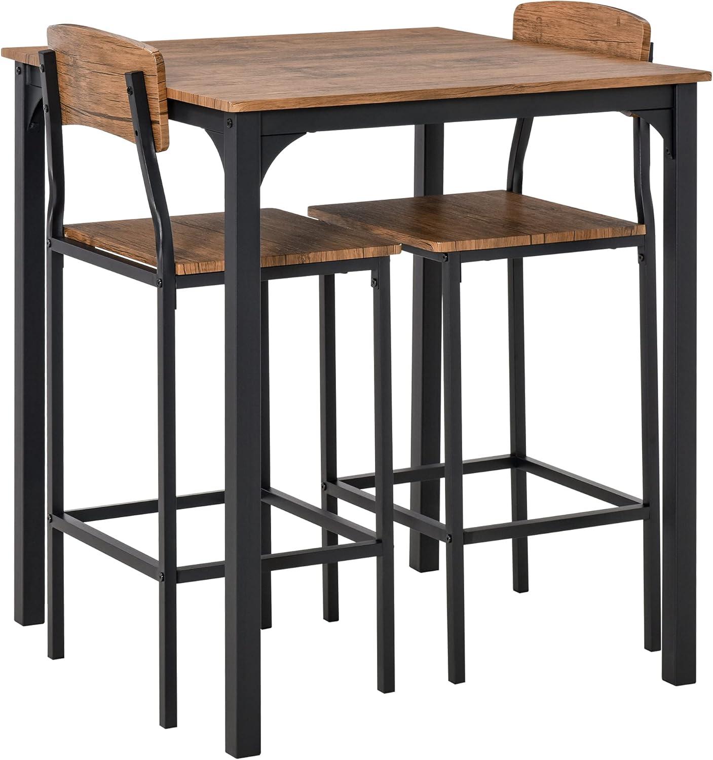 HOMCOM 3 Piece Industrial Counter Height Dining Table Set, Bar Table & Chairs with Steel Legs & Footrests