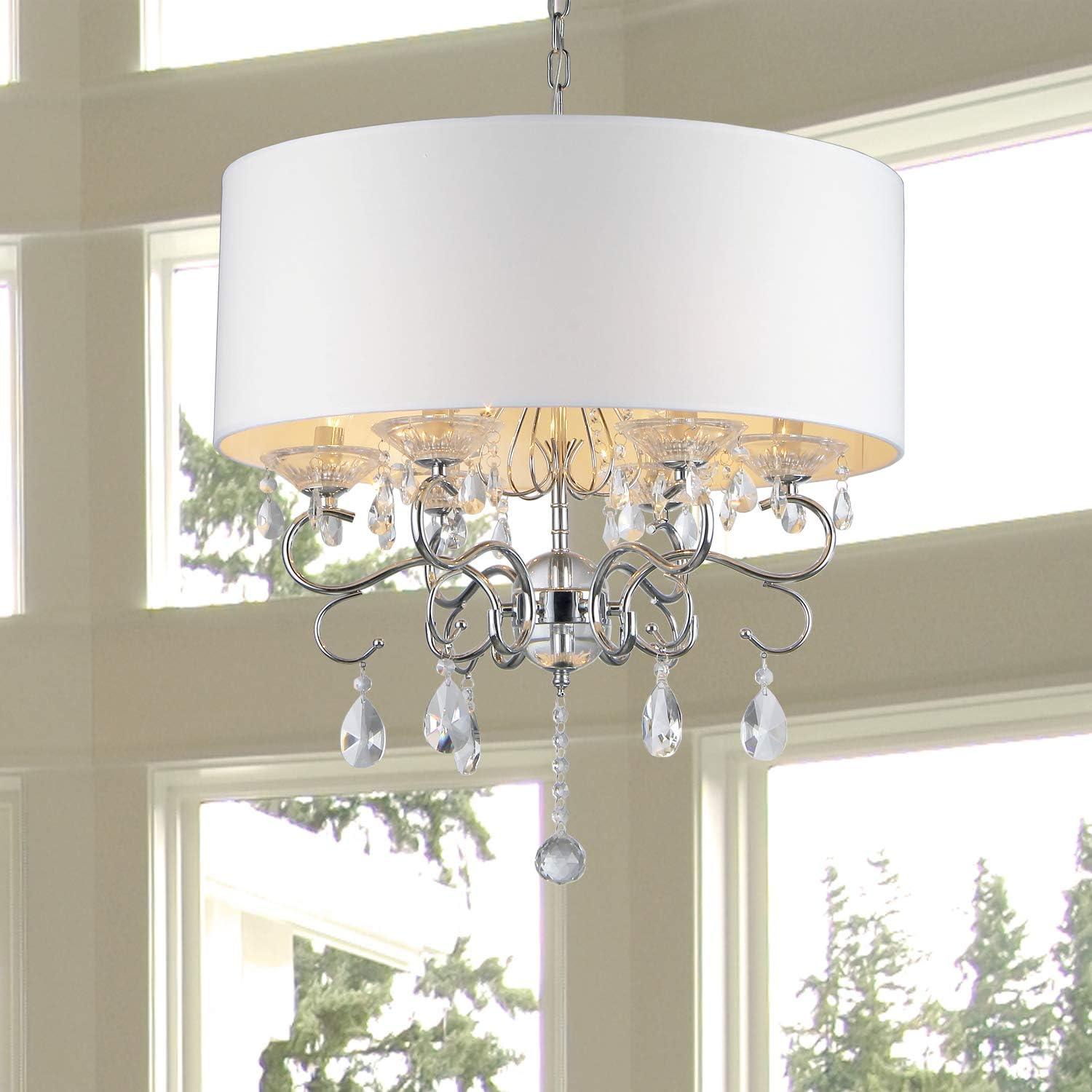 Elegant Chrome Drum Chandelier with Ivory Faux Silk Shade and Crystal Accents