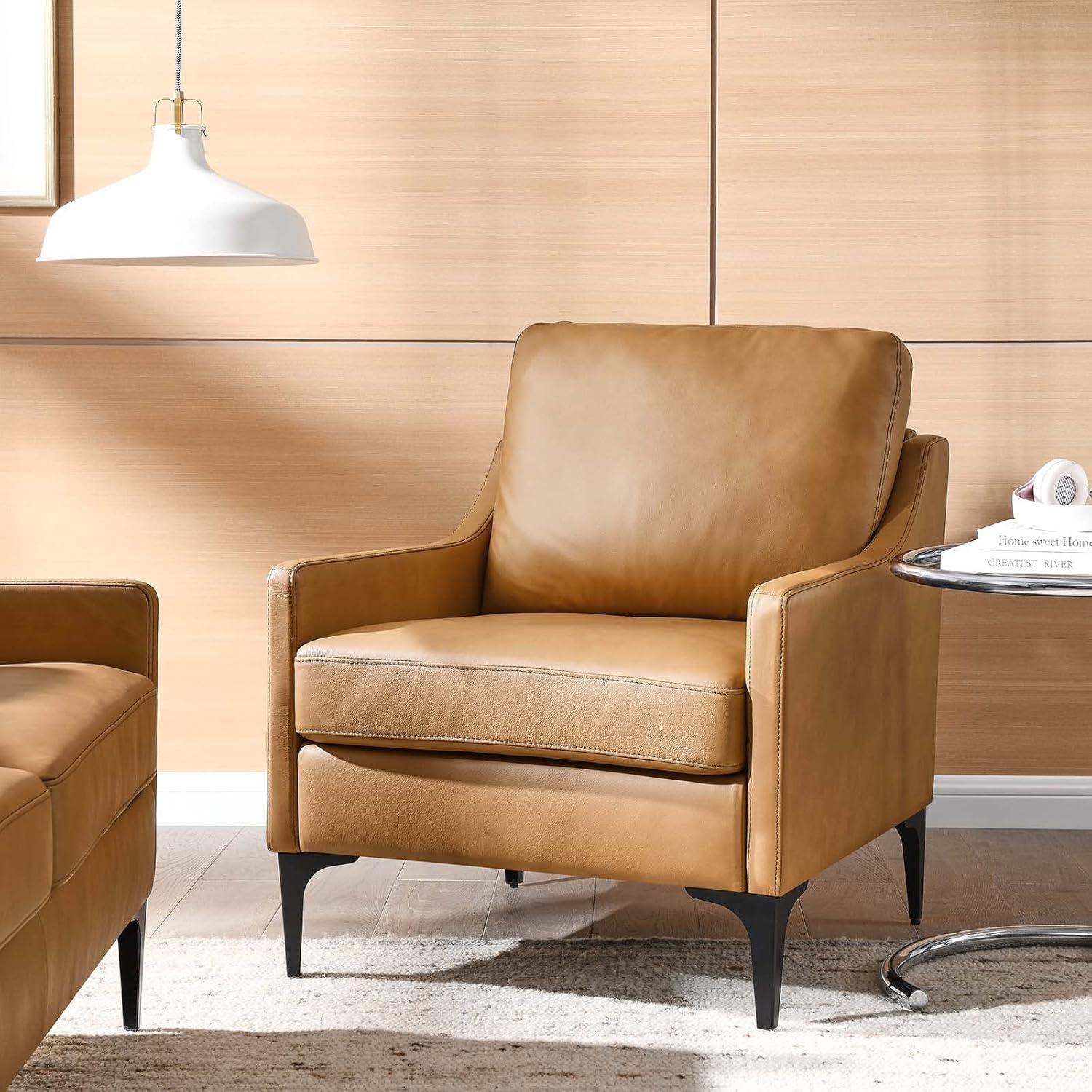 Tan Leather Mid-Century Modern Accent Armchair