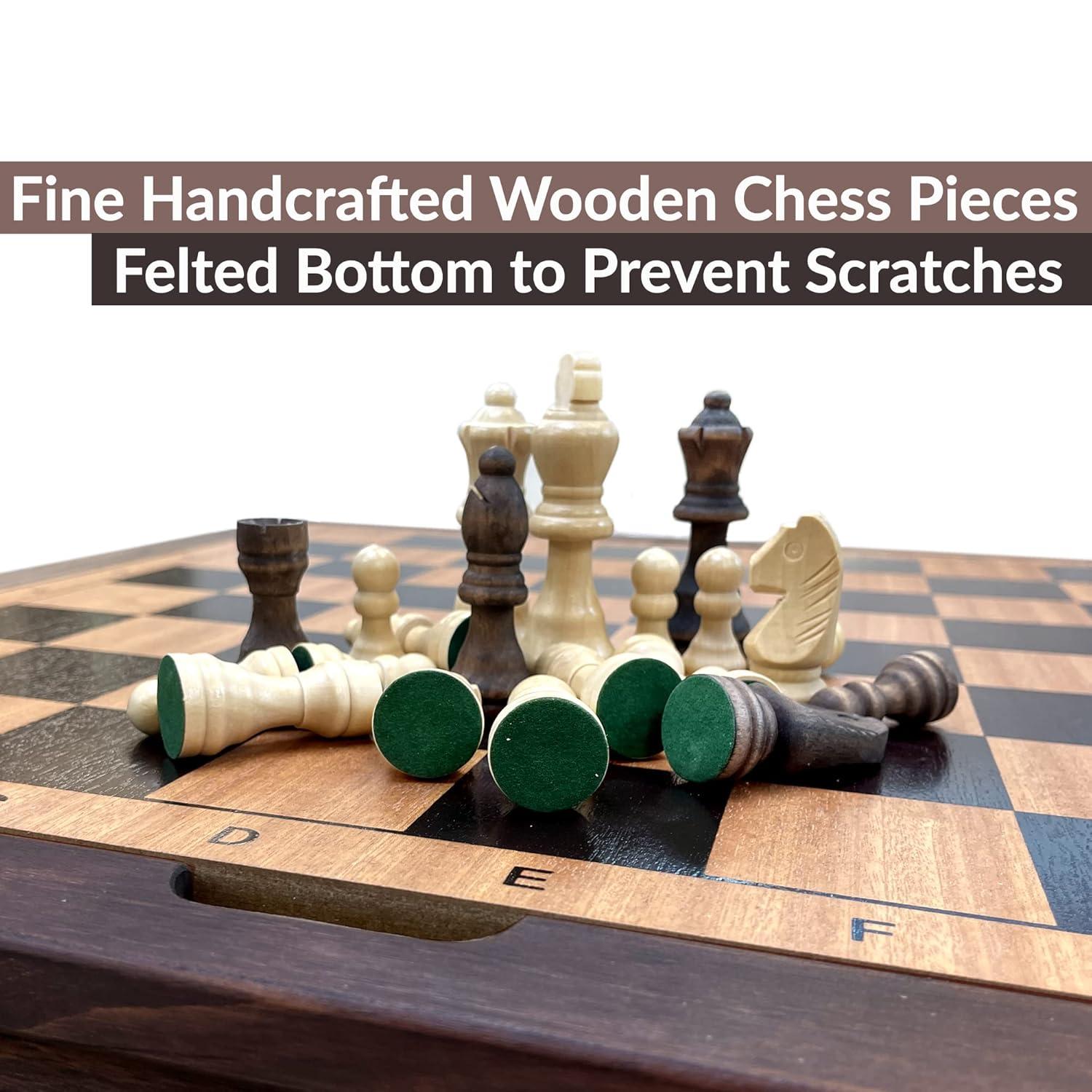 Sunnywood Wooden Chess Checkers and Backgammon 3 in 1 Combo Game Table Furniture Set, 25" x 25", 4" King