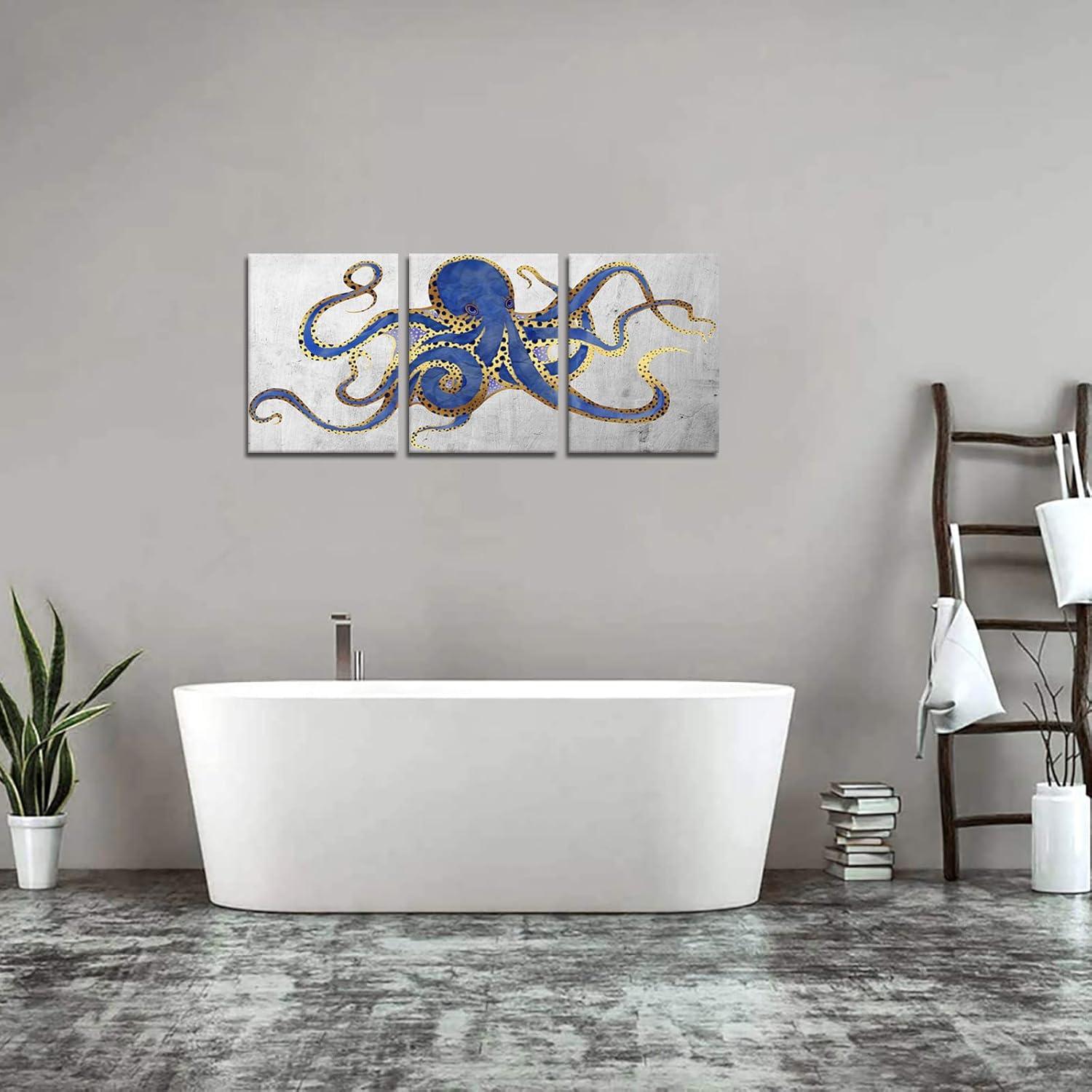 3 Piece Octopus Wall Art Painting Navy Blue Marine Animal Picture Print On Canvas Ocean Life Poster for Bathroom Bedroom Home Decor Decoration Gift Easy To Hang 12"x16"x3PCS