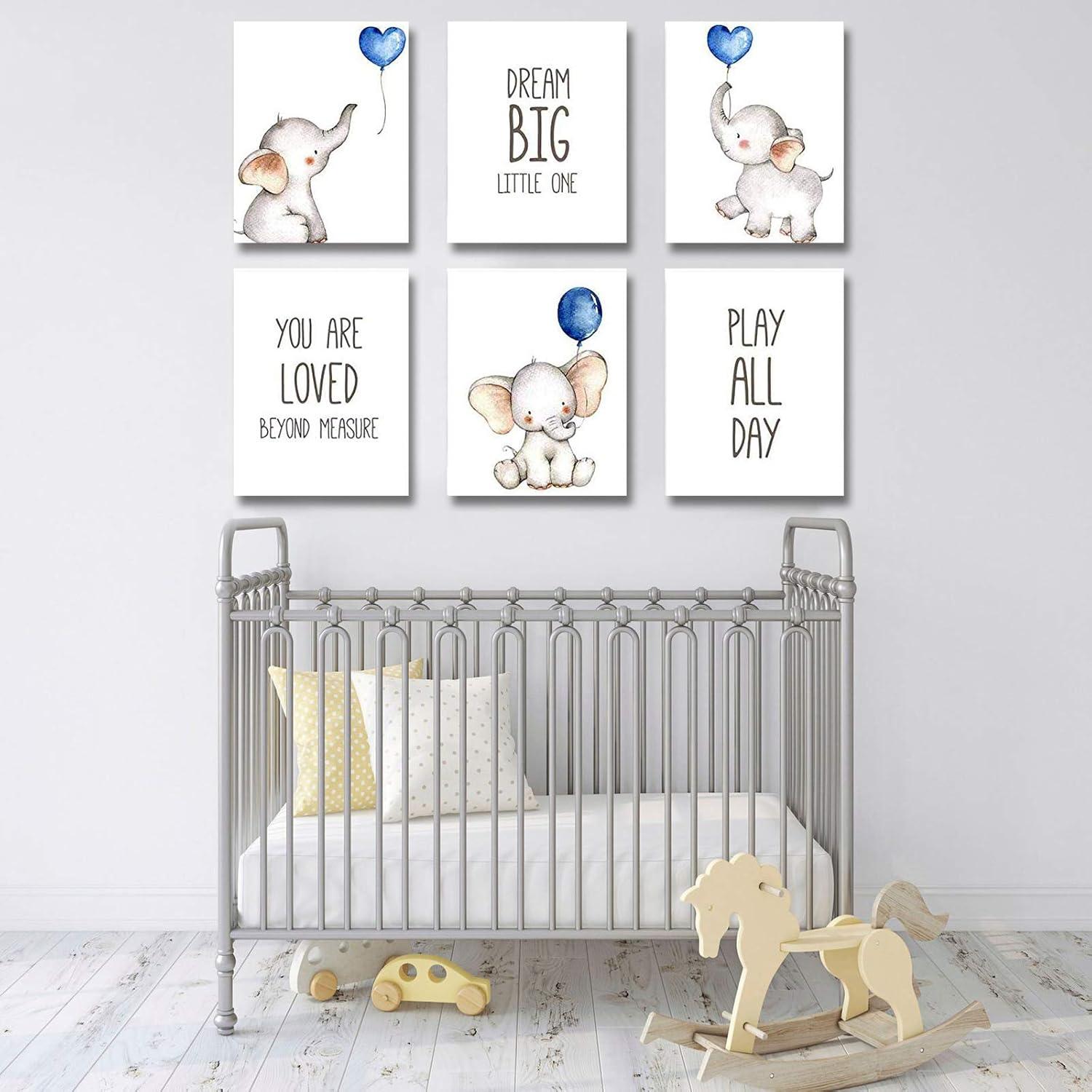 iMagitek Set of 6 Unframed Baby Boy Wall Art Prints, Blue Elephant Wall Decor with Balloons for Boy's Room (8" x 10")