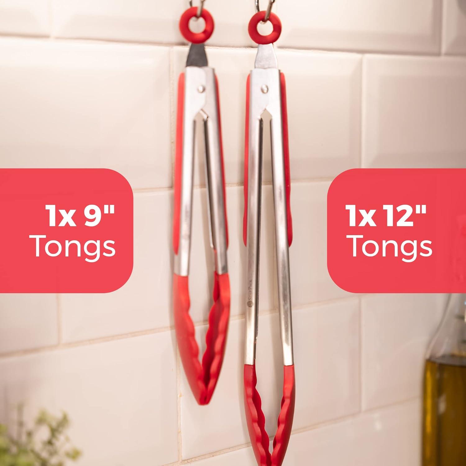 StarPack Basics Silicone Kitchen Tongs (9-Inch & 12-Inch) - Stainless Steel with Non-Stick Silicone Tips, High Heat Resistant to 480°F, For Cooking, Serving, Grill, BBQ & Salad (Cherry