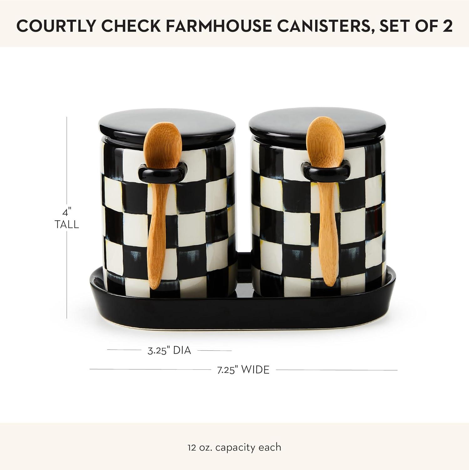 Black and White Ceramic Checkered Canister Set with Wooden Spoons