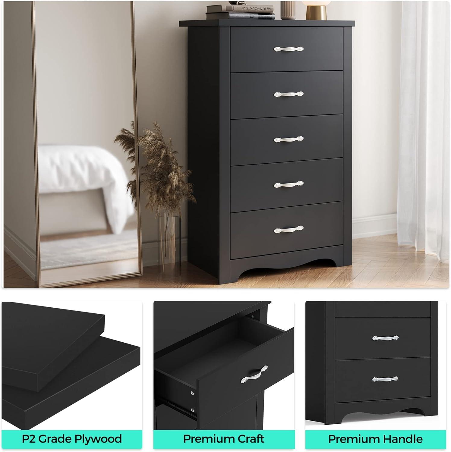 LINSY HOME Black Dressers,Chest of 5 Drawers