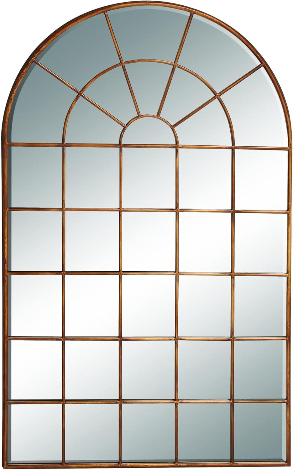 DecMode Contemporary Squre Wood Window Shaped Wall Mirror, 56"W x 44"H with Distressed Brass Colored Frame