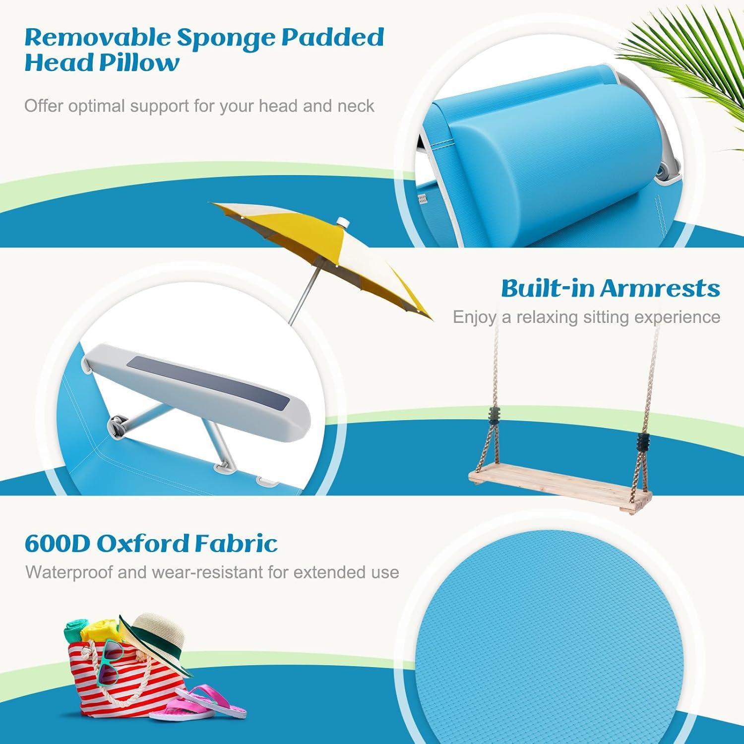 Barara King Folding Chair, Outdoor Lounge Chair,Foldable Backpack Beach Chair with Cup Holder and Storage Pockets Set of 2-Blue