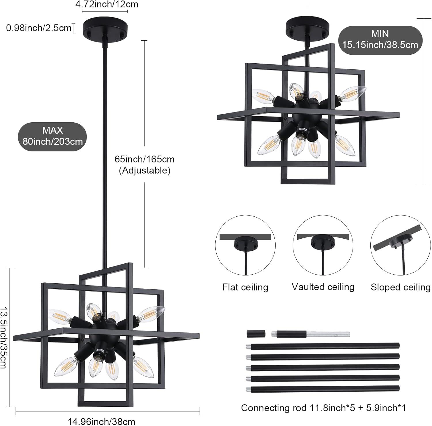 Black Metal 8-Light Geometric Industrial Chandelier