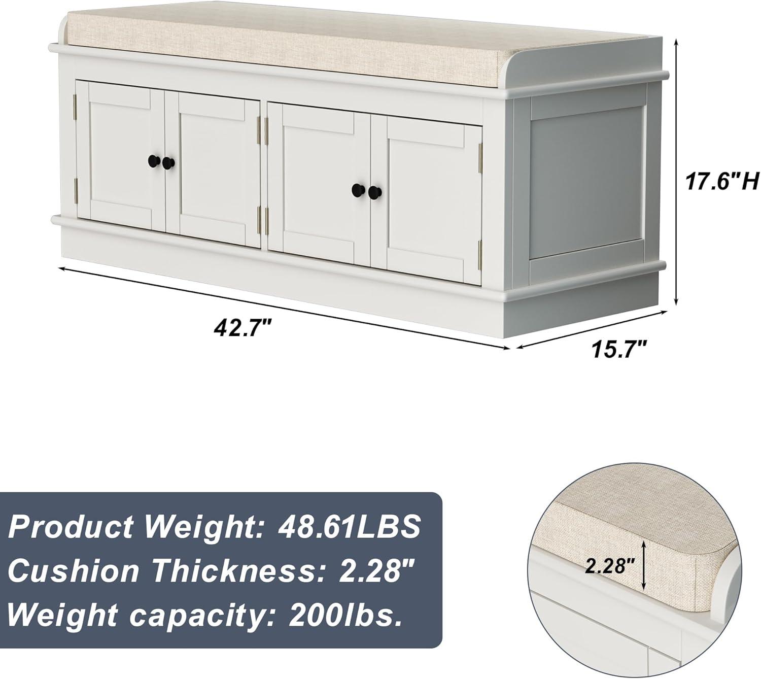 White Upholstered Storage Bench with Pine Finish and Cushion