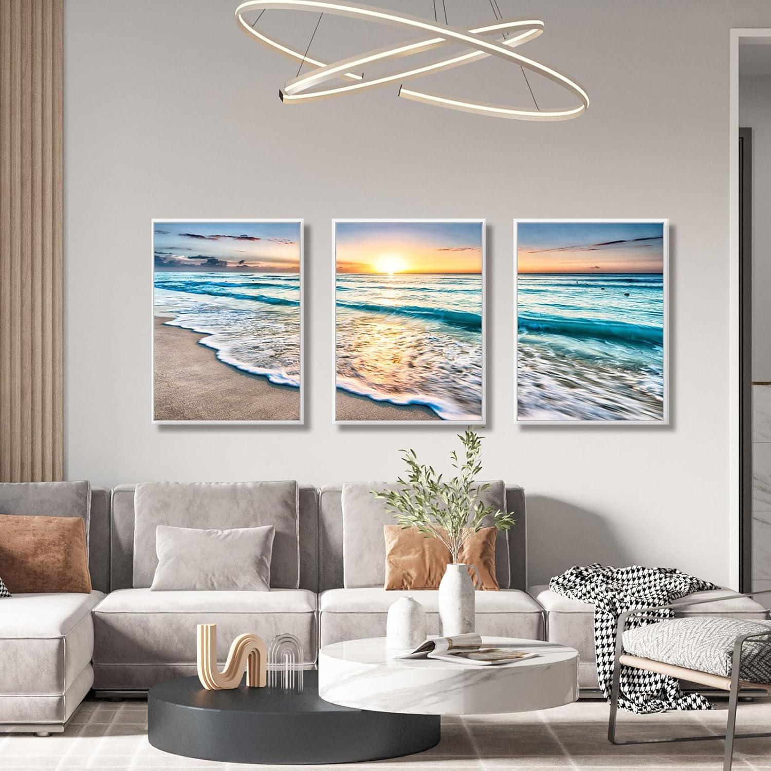 Asdg12s-3 Panel Wall Art Blue Sea Sunset White Beach Painting The Picture Print On Canvas Seascape The Pictures for Home Decor Decoration,Ready to Hang