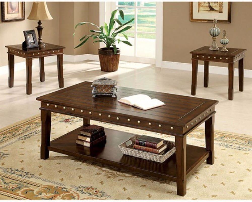 Benjara 26" 3-piece Solid Wood Coffee and End Tables with Nailhead Trim in Brown