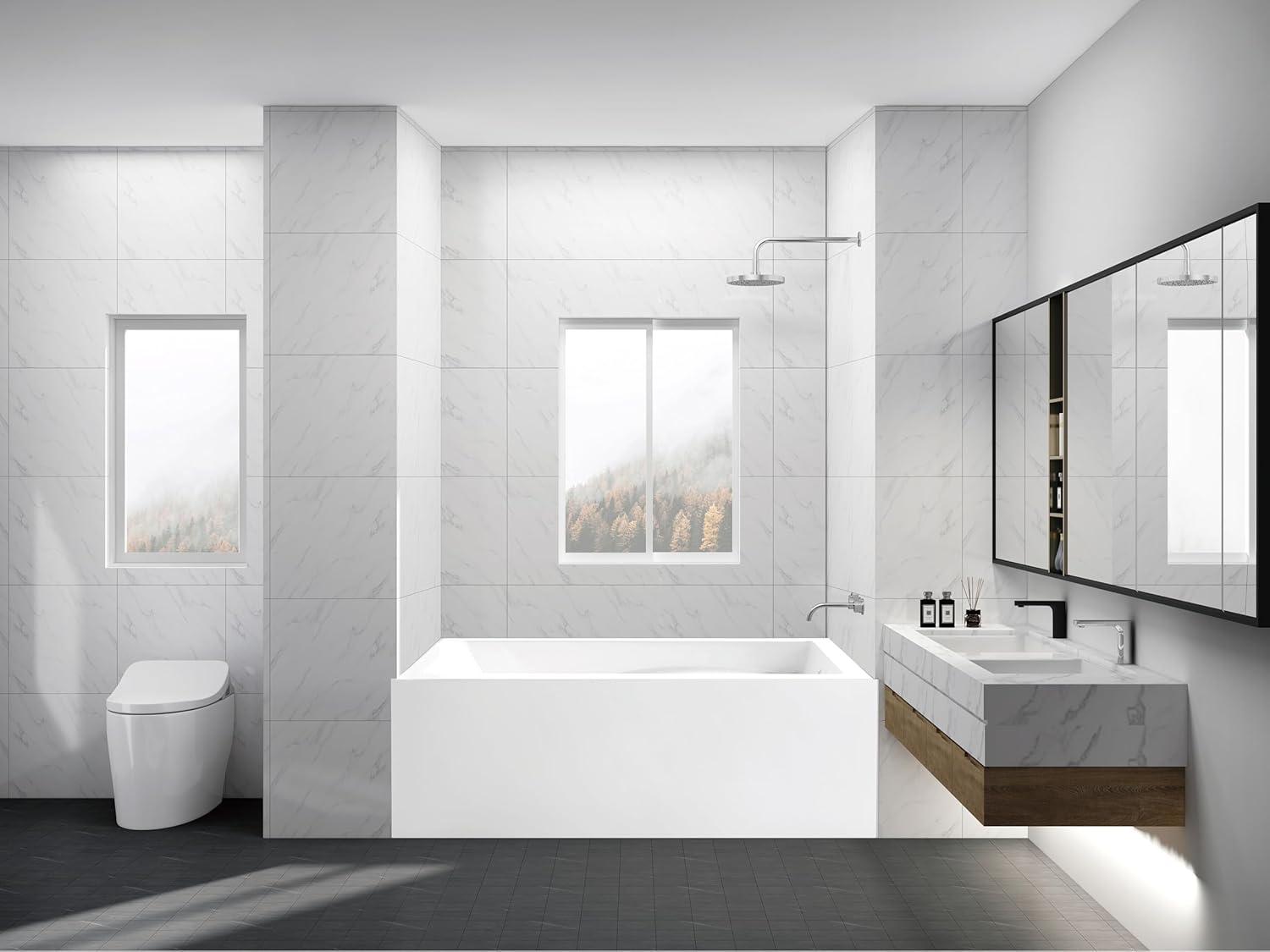 Kingston Brass Aqua Eden 54-Inch Acrylic Rectangular 3-Wall Alcove Tub, Hand Drain and Anti-Skid Surface