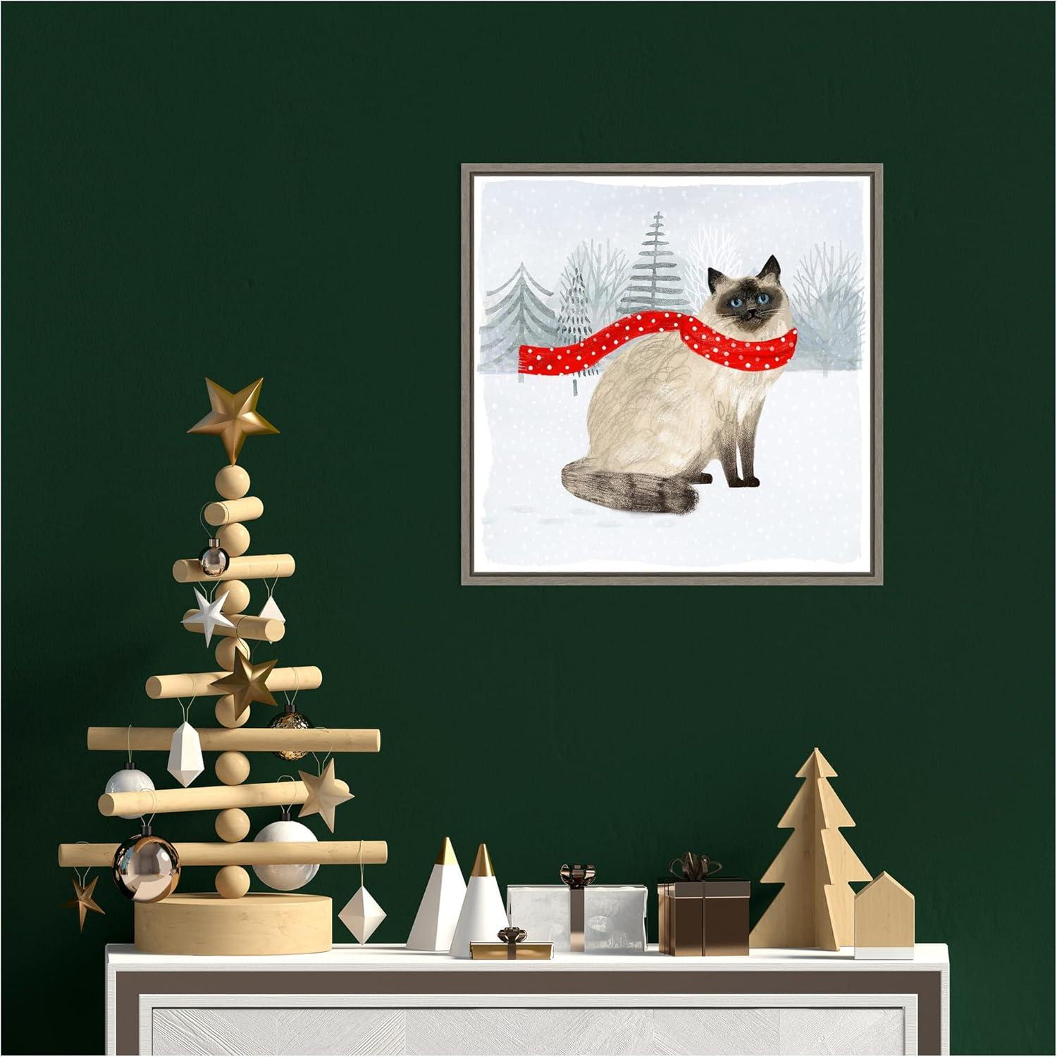 Christmas Himalayan Cat Print on Canvas with Greywash Frame