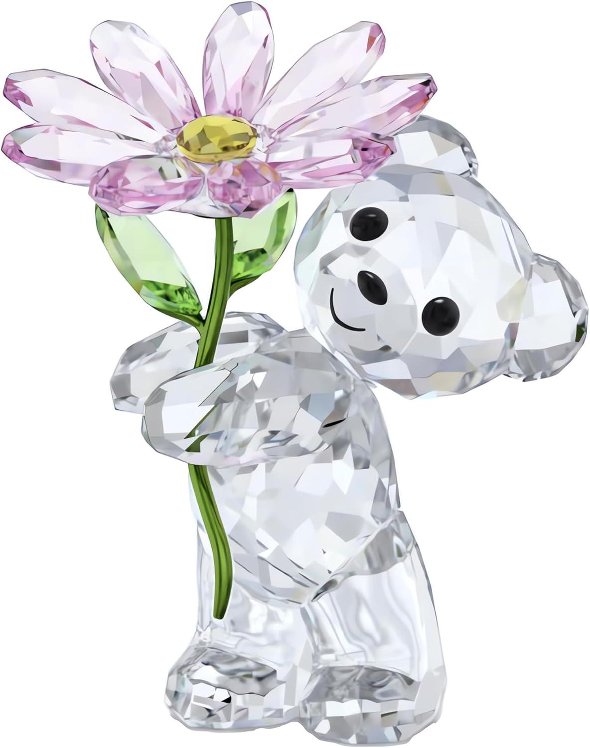 Crystal Bear Figurine with Pink Daisy Flower