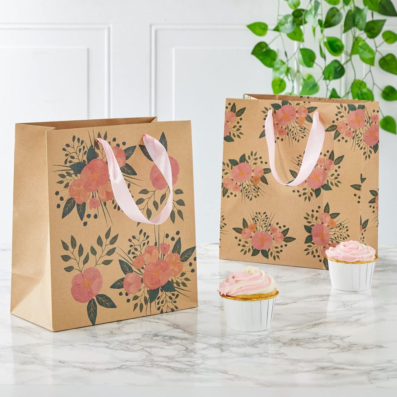 Juvale 24 Pack Kraft Paper Floral Gift Bags with Pink Ribbon Handles, 8x4x9 Inches, 2 Designs, For Themed Party Favors