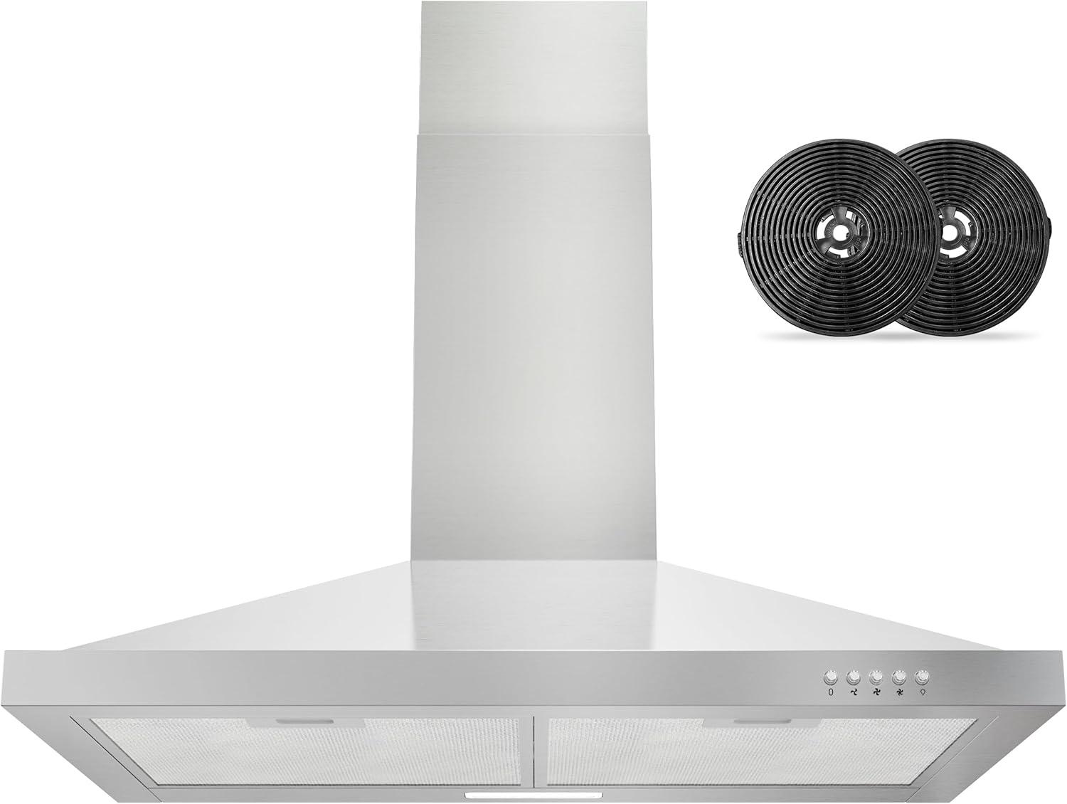 FIREGAS Range Hood 30 inch Wall Mount Type with Ducted/Ductless Convertible, 450 CFM Stainless Steel Chimney-Style Kitchen Hood, Over Stove Vent Hood with 3 Speed Fan, LED Light, Charcoal Filters