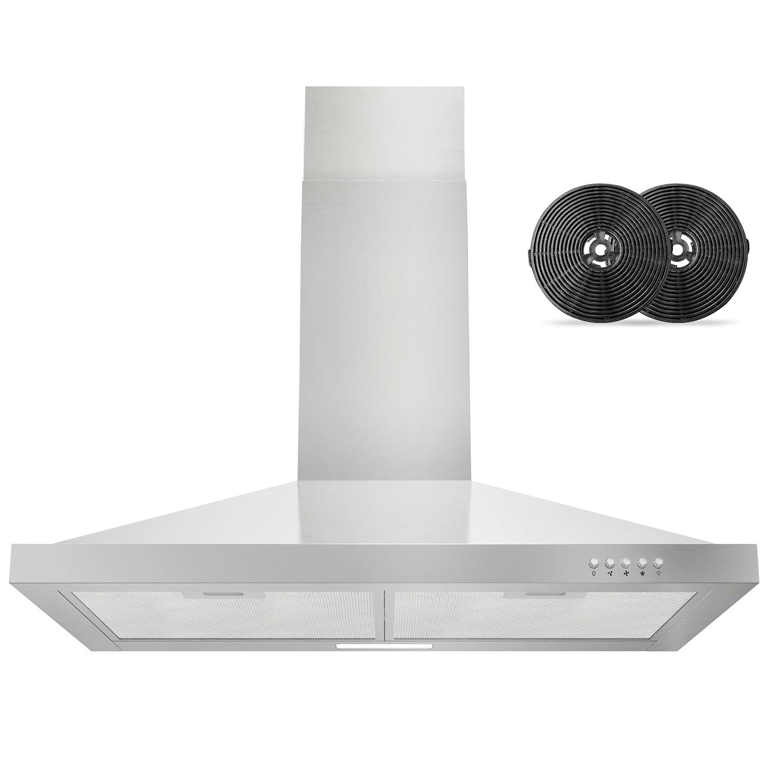 FIREGAS Range Hood 30 inch Wall Mount Type with Ducted/Ductless Convertible, 450 CFM Stainless Steel Chimney-Style Kitchen Hood, Over Stove Vent Hood with 3 Speed Fan, LED Light, Charcoal Filters